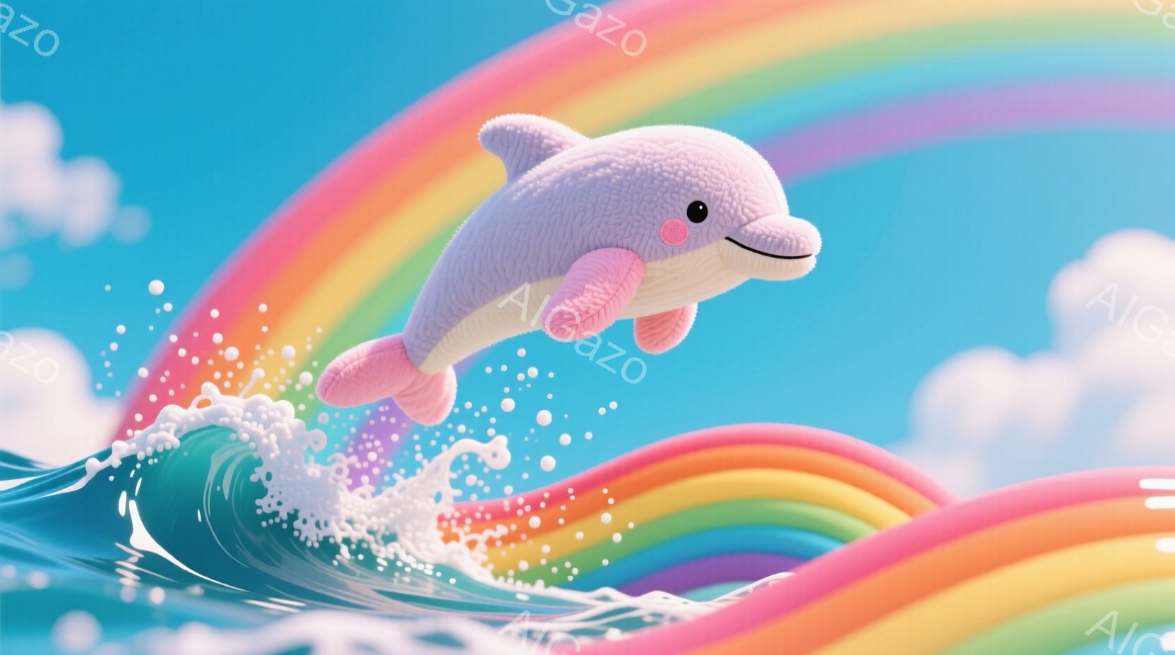 明るい青空の下、虹に乗ってジャンプするピンク色のイルカが描かれています。イルカは丸みを帯びた可愛らしいフォルムで、笑顔を浮かべており、周囲には水しぶきが舞っています。背景には、鮮やかな虹とふわふわとし - AI生成フリー素材