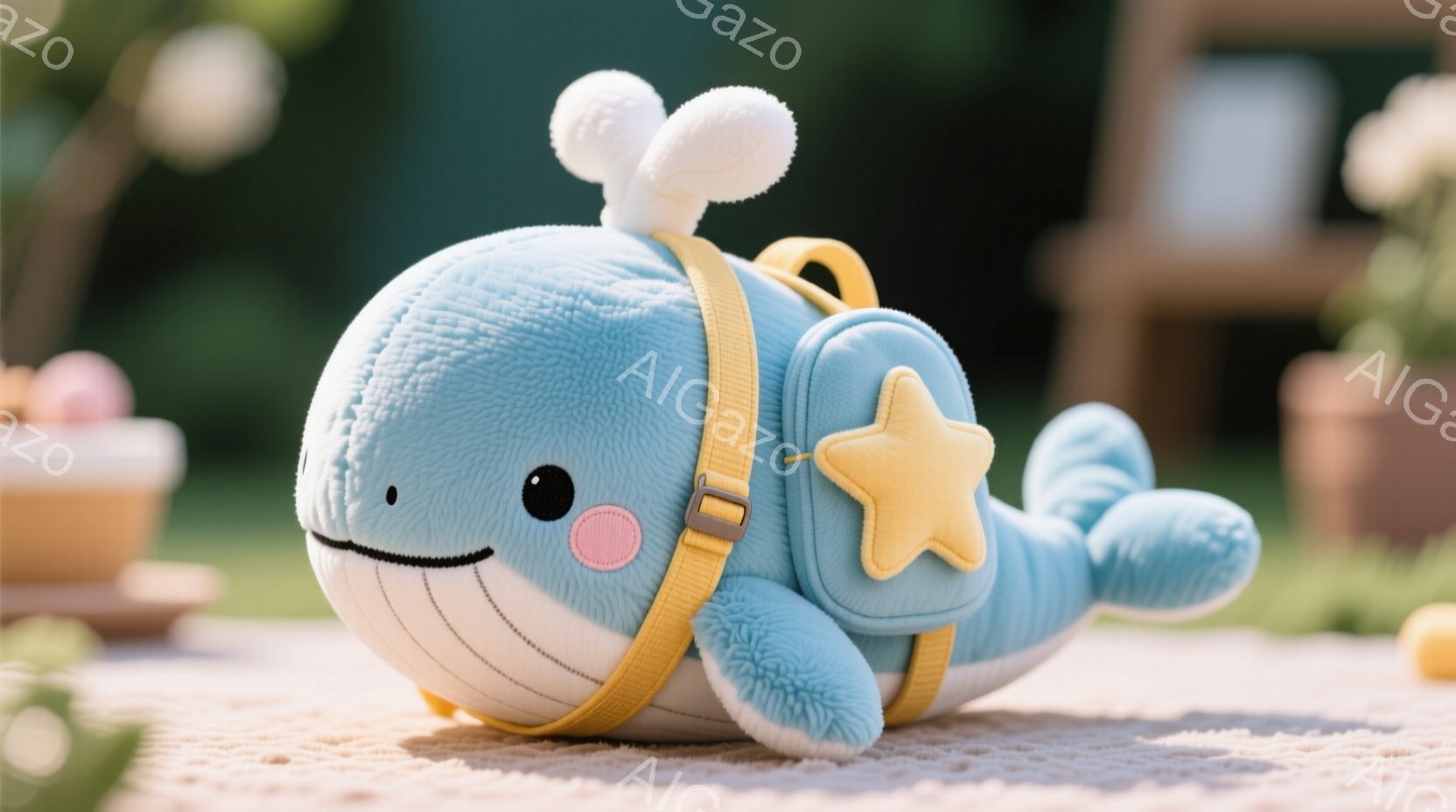 鮮やかな水色のぬいぐるみのアザラシが、黄色い星形のポケットが付いたリュックサックを背負っています。アザラシは丸みを帯びた体形で、つぶらな瞳とほのかな笑顔が可愛らしい印象を与えます。背景にはぼやけた緑の植物と日差しが差し込む芝生があり、暖かい春の日のピクニックのような穏やかな雰囲気が漂っています。