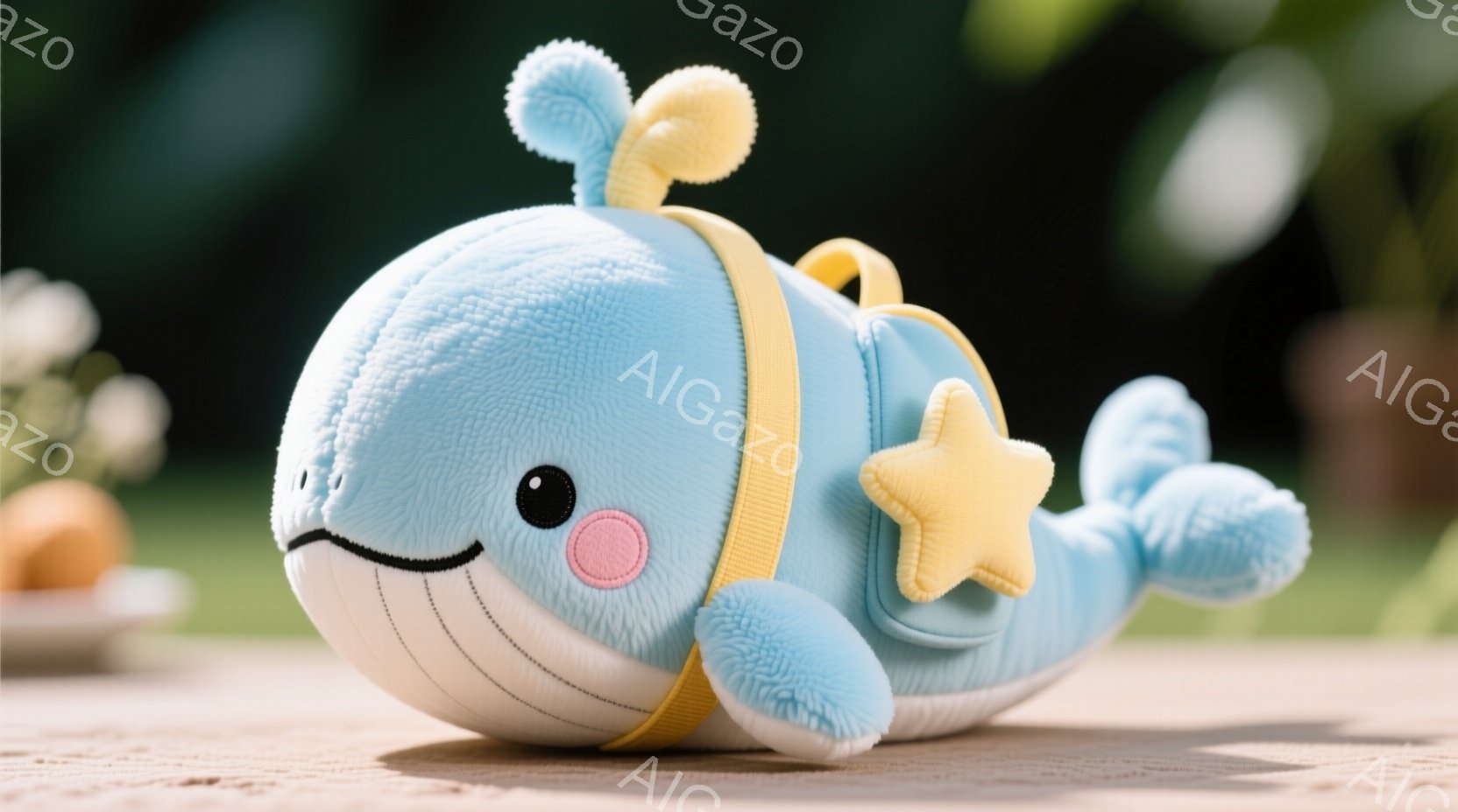 明るい水色の愛らしい鯨のぬいぐるみです。黄色い星の形をしたパッチとリボンで飾られ、頬には可愛らしいピンク色の丸い部分があります。背景にはぼやけた緑の葉がみえ、ぬいぐるみが置かれている木製のテーブルの上で、暖かく穏やかな雰囲気が漂っています。