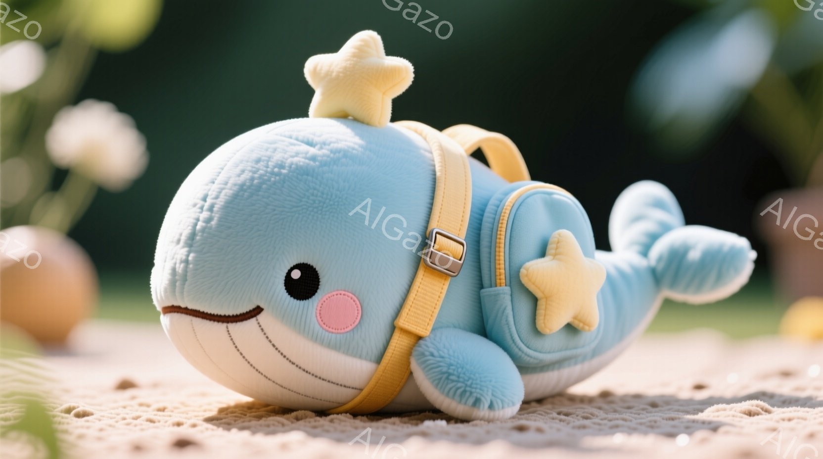 淡い水色のぬいぐるみ（クジラ）が、ベージュ色の編み物の上に横たわっています。クジラは黄色いストラップと星形の飾りが付いた小さなバックパックを背負っており、可愛らしい表情をしています。背景には緑の植物がぼやけて見え、穏やかで優しい雰囲気が漂っています。