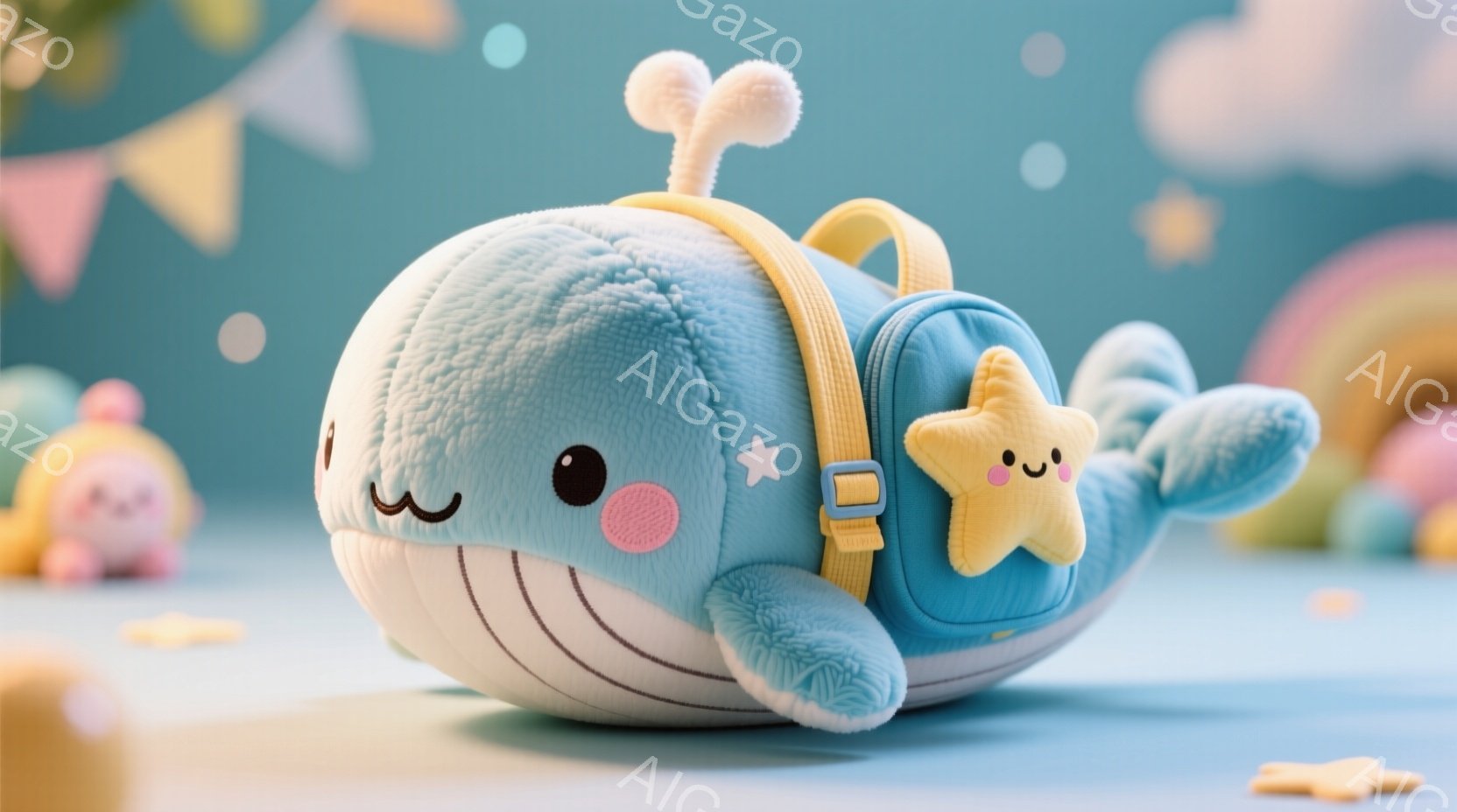 青い鯨のぬいぐるみは、背中に青いリュックサックを背負い、黄色い星のキーホルダーをつけている。その表情は丸くて愛らしく、ほほえんでいる様子がうかがえる。背景はパステルカラーの装飾が施された部屋で、全体的に柔らかく、夢のような雰囲気を醸し出している。