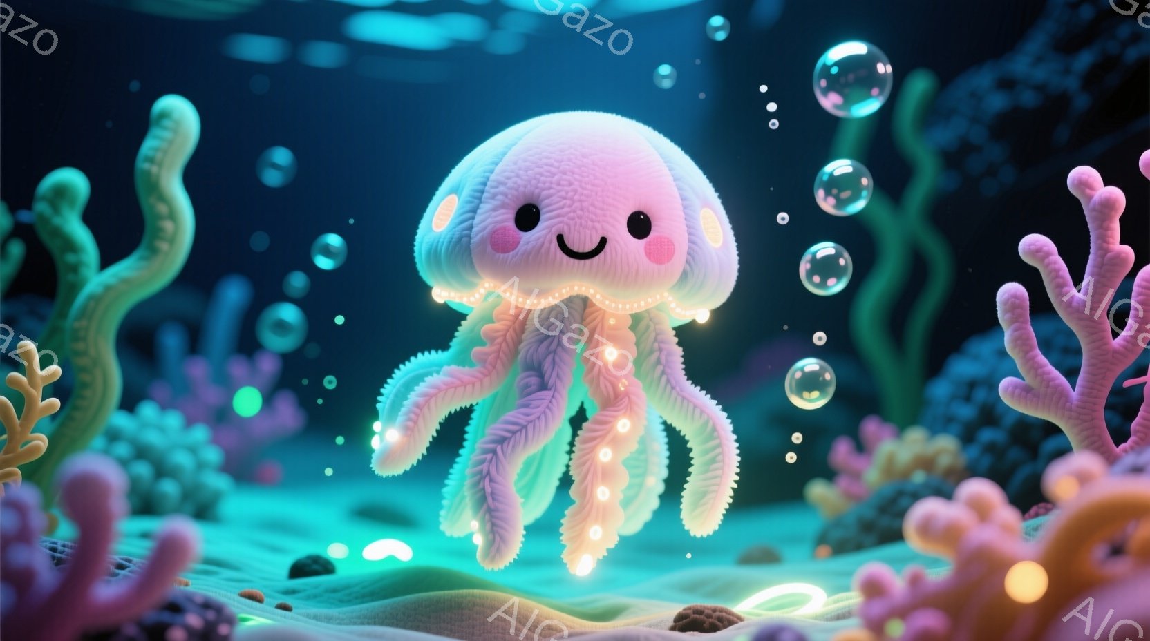 明るいターコイズブルーの海中に、かわいらしいピンクと紫色のクラゲが浮かんでいます。クラゲは丸くてふっくらとした体をしており、小さな黒い目が愛らしい表情をしています。背景には、ピンクとオレンジ色のサンゴ - AI生成フリー素材