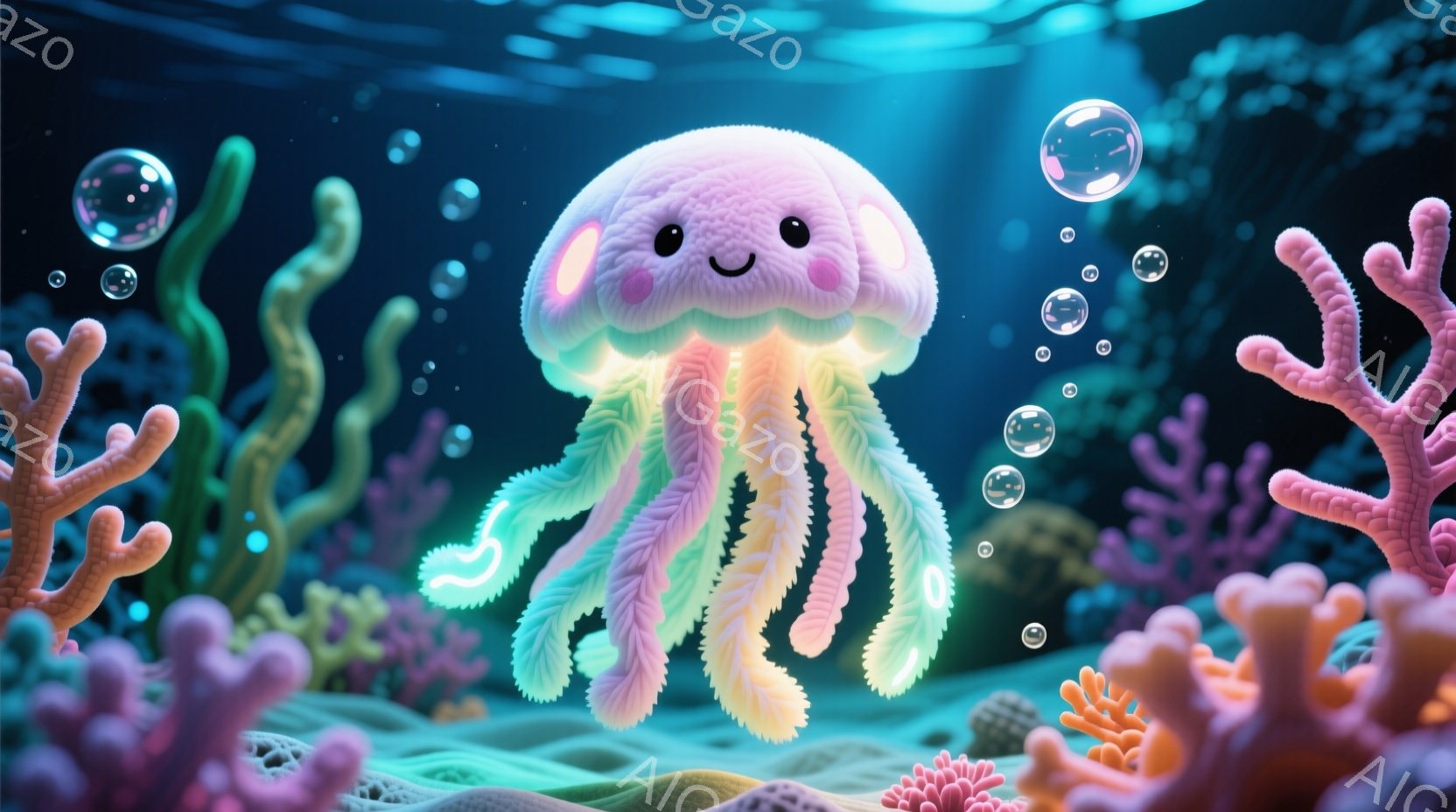 ふわふわとしたピンクと黄色の水母が描かれています。水母は愛らしい表情で、大きな瞳と微笑みを浮かべています。背景には、鮮やかなピンクや緑色のサンゴ礁が広がり、水中に漂う泡が幻想的な雰囲気を醸し出していま - AI生成フリー素材