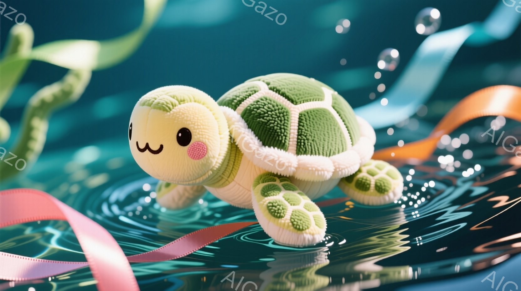鮮やかなターコイズ色の背景に、ふわふわとした緑色のカメが浮かんでいます。カメは大きな目と愛らしい笑顔で、水面を優雅に泳いでいるようです。背景には、ピンクとオレンジの波のようなリボンと、水しぶきが散りばめられ、幻想的で穏やかな雰囲気を醸し出しています。