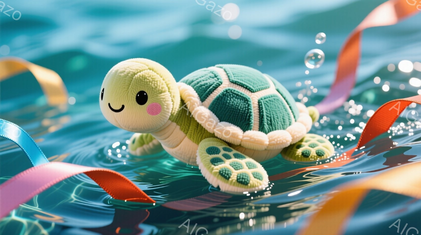 ふわふわとした緑色のタコのような姿をしたぬいぐるみのおもちゃが、水面に浮かんでいます。大きなつぶらな瞳と優しい微笑みが特徴で、水面に反射する光と、水中に漂うカラフルなリボンが、柔らかく幻想的な雰囲気を - AI生成フリー素材