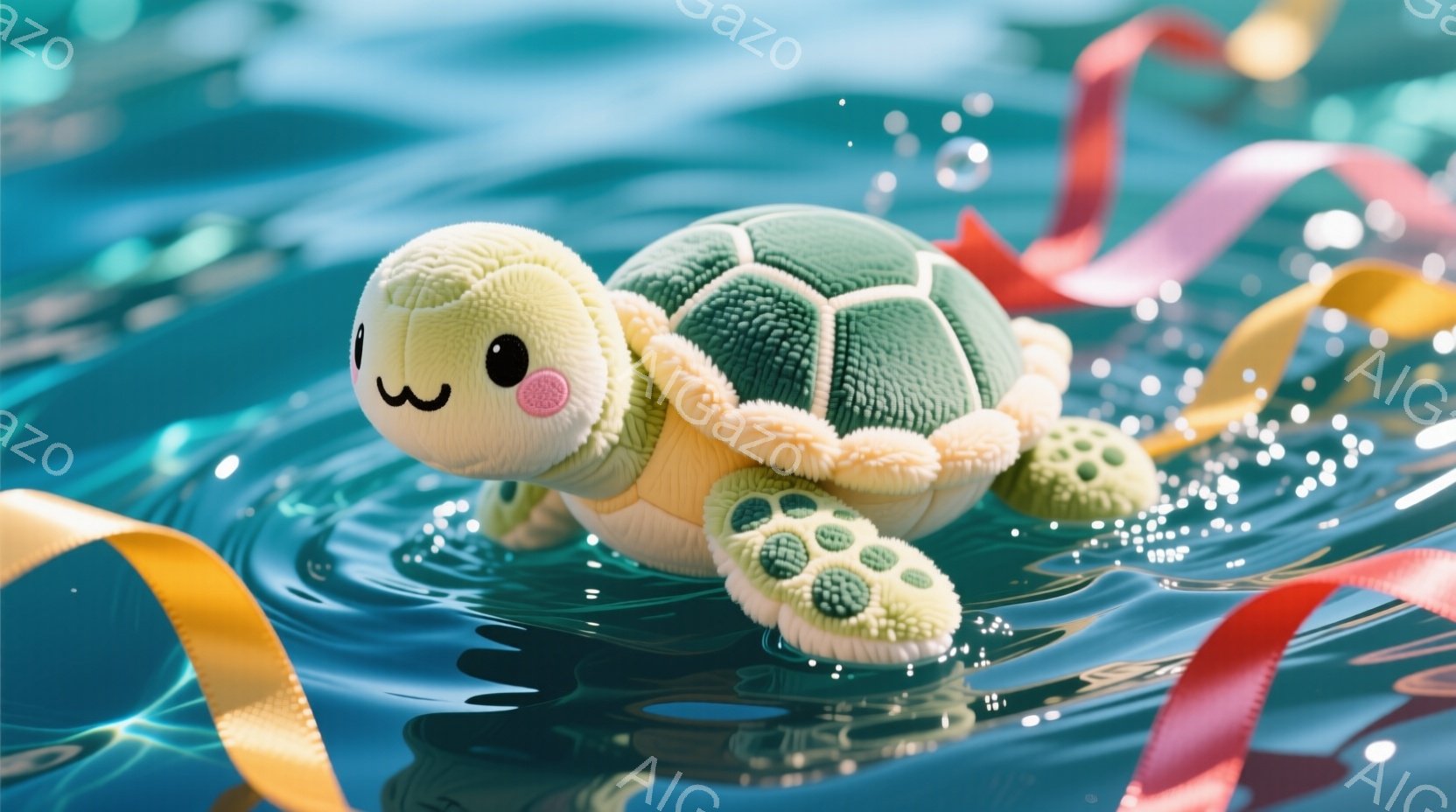 ふわふわした緑色のタコのような姿をしたぬいぐるみのおもちゃが、水面を漂っています。丸い黒い目と小さな口が可愛らしく、水しぶきとリボンが周囲を飾り、生き生きとした雰囲気を作り出しています。水面は明るい青色で、リボンは赤や黄色など様々な色をしており、おもちゃの可愛らしさを引き立てています。