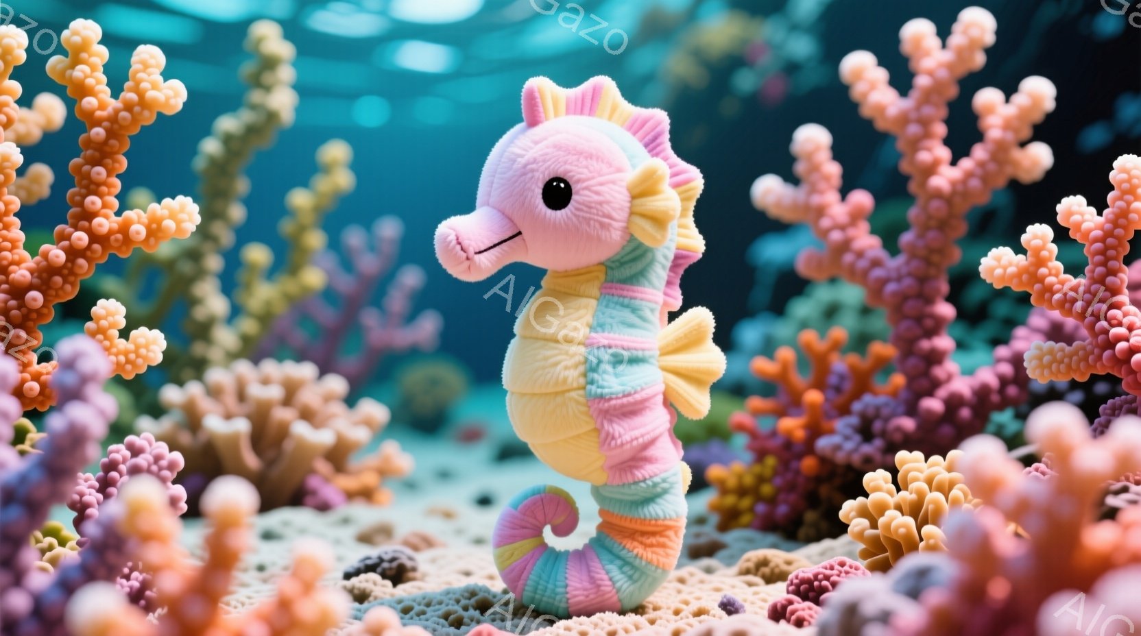 鮮やかなピンクと黄色のストライプが特徴的な、かわいらしいセーホース（タツノオトシゴ）が画面中央に配置されています。セーホースは、ピンク、青、黄色、紫のストライプ模様の体で、まるでぬいぐるみのように柔ら - AI生成フリー素材