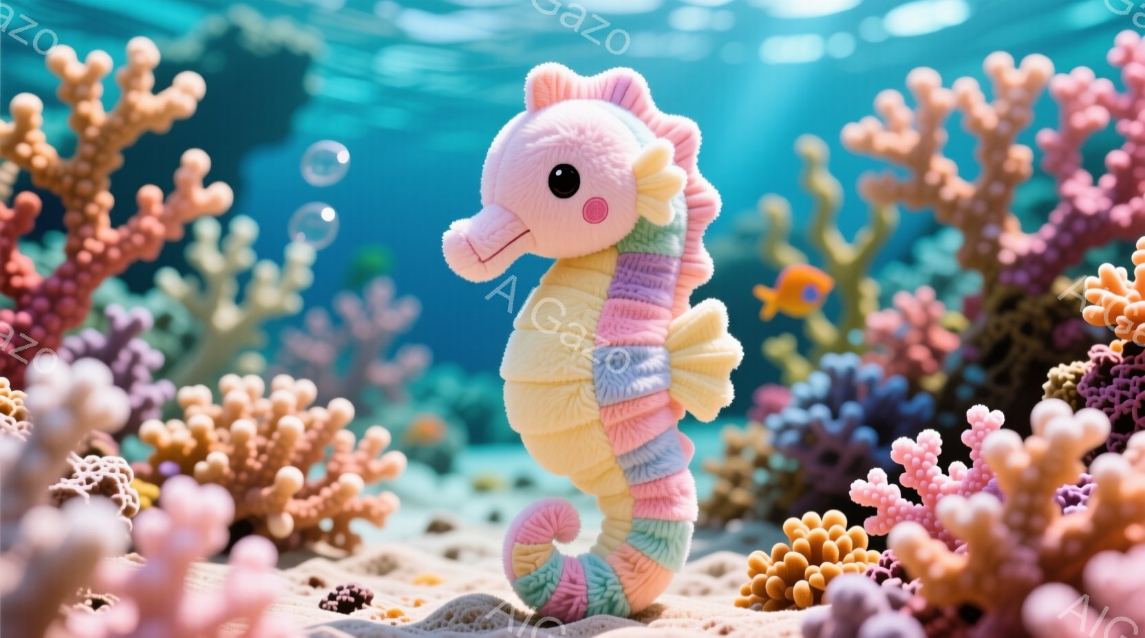 カラフルな玩具のタツノオトシゴが海底にいる様子を描いています。タツノオトシゴはクリーム色と虹色のストライプで覆われ、愛らしい表情をしています。背景にはピンクやオレンジ色のサンゴが密集し、水中に漂う泡が - AI生成フリー素材