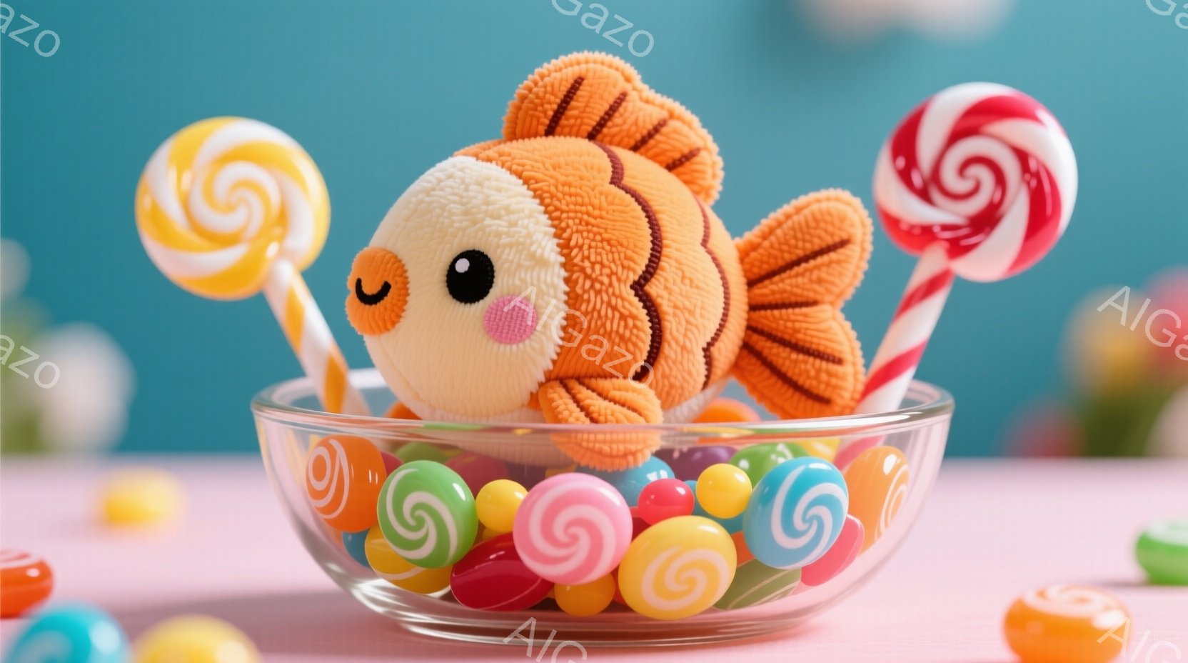 ふわふわのオレンジ色の金魚が、カラフルなキャンディーで満たされたガラスのボウルの中にいます。金魚は愛らしい表情で、まるでキャンディーの海で楽しく過ごしているかのようです。背景はパステルピンクのテーブルで、全体的に甘くて幸せな雰囲気を醸し出しています。