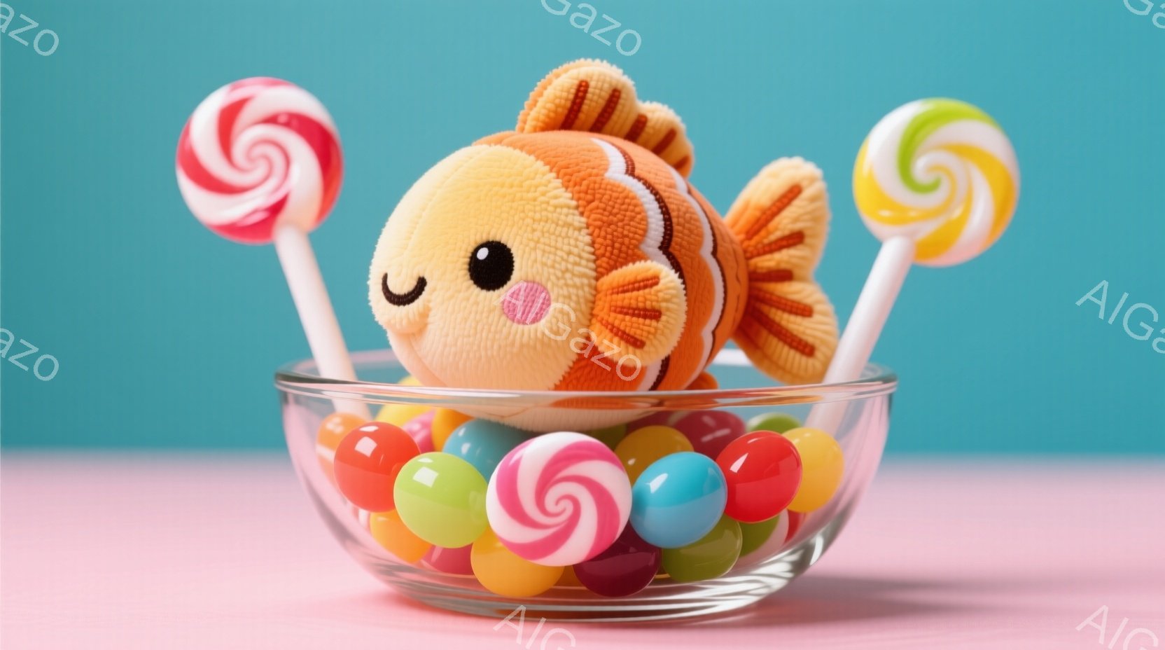 オレンジ色のふわふわした魚のぬいぐるみは、カラフルなキャンディで満たされた透明なボウルの中に座っています。キャンディは赤、緑、青、黄色など様々な色で、螺旋状の棒付きキャンディがいくつか立っています。背 - AI生成フリー素材