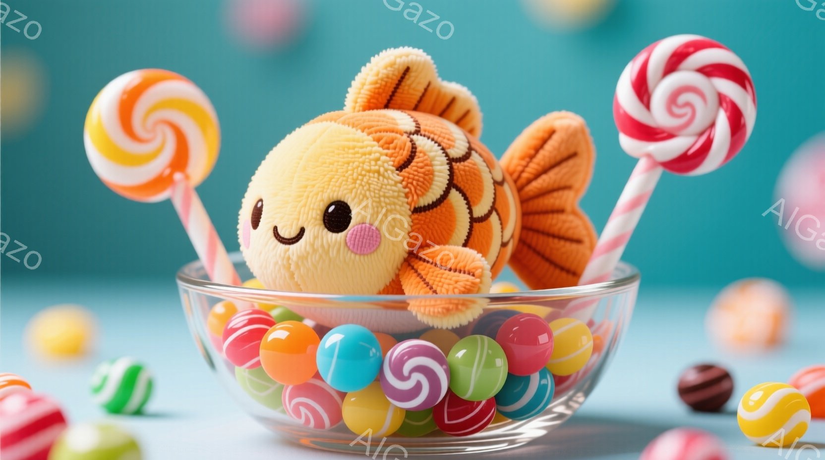 鮮やかな水色の背景に、キャンディで満たされたガラスのボウルが置かれています。ボウルの中には愛らしい鯛のぬいぐるみがおり、周りには様々な色のキャンディが散りばめられています。全体的に明るく、甘くて楽しい雰囲気が漂っています。