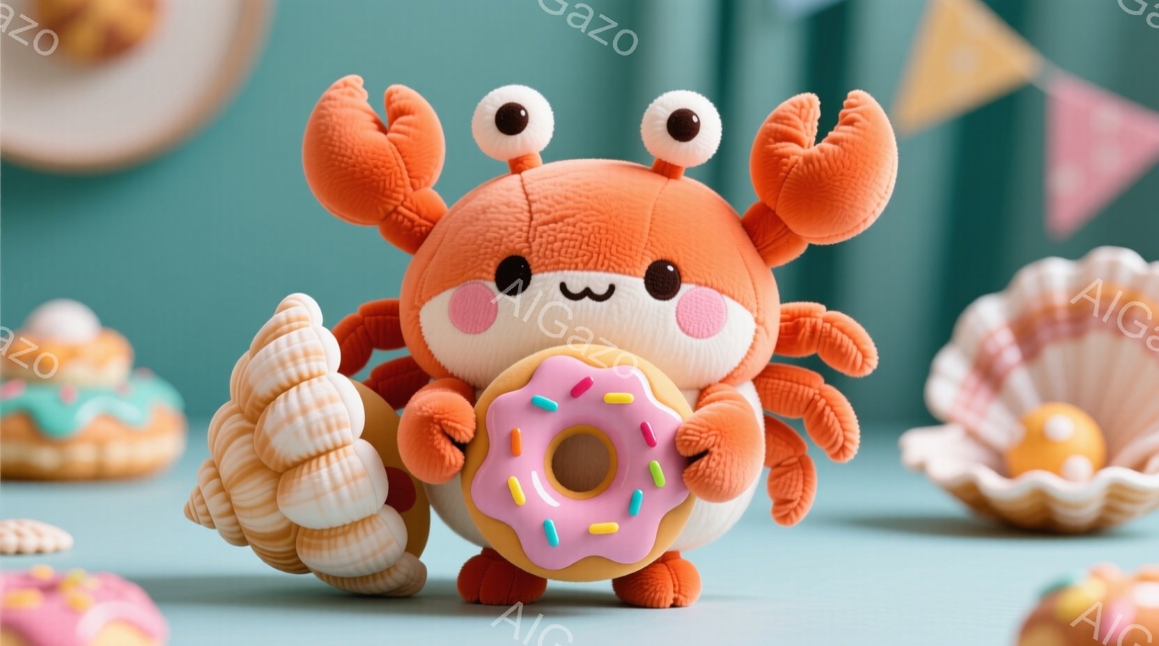 オレンジ色の愛らしいカニのぬいぐるみは、ピンク色のアイシングがかかったドーナツを抱えています。大きなつぶらな瞳と微笑んだ表情が特徴で、背景には貝殻やカラフルな旗が飾られ、明るく楽しい雰囲気を醸し出して - AI生成フリー素材