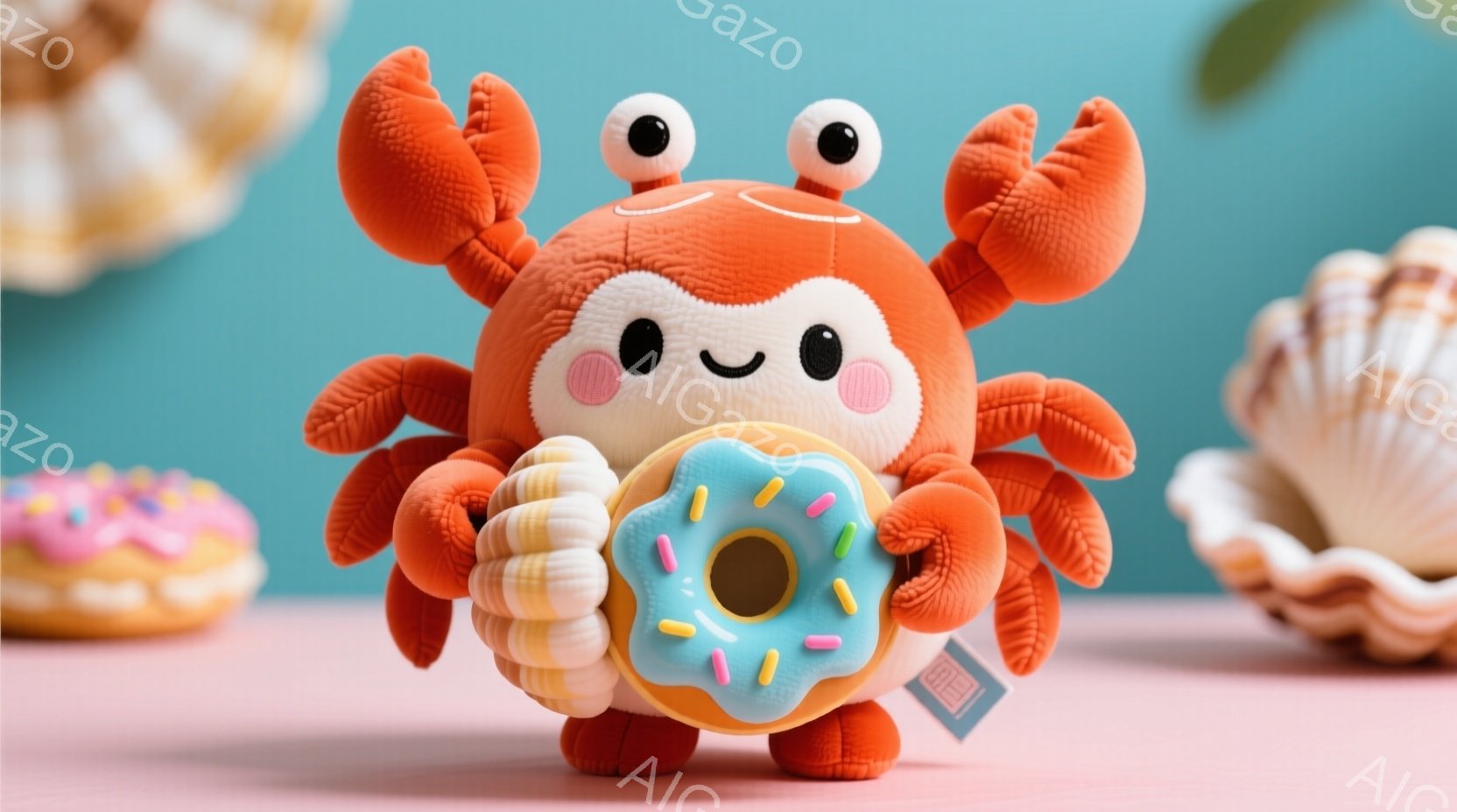 オレンジ色のふわふわしたカニのぬいぐるみは、青い水色のドーナツを両手で抱えています。背景は薄いピンク色の表面で、周りには様々な貝殻や他のドーナツが置かれています。全体的に可愛らしく、遊び心のある雰囲気が漂っています。