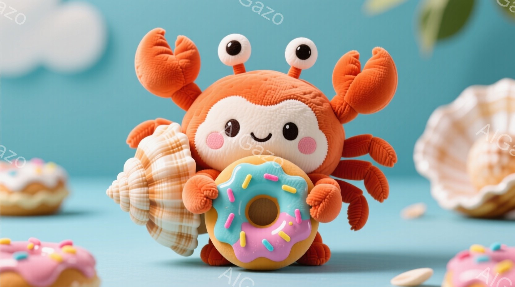 ふわふわのオレンジ色のカニのぬいぐるみが、ドーナツを抱えて座っています。背景は水色の背景にピンク色のドーナツと貝殻が散りばめられており、明るく可愛らしい雰囲気が漂います。カニの表情はとても愛らしく、幸 - AI生成フリー素材