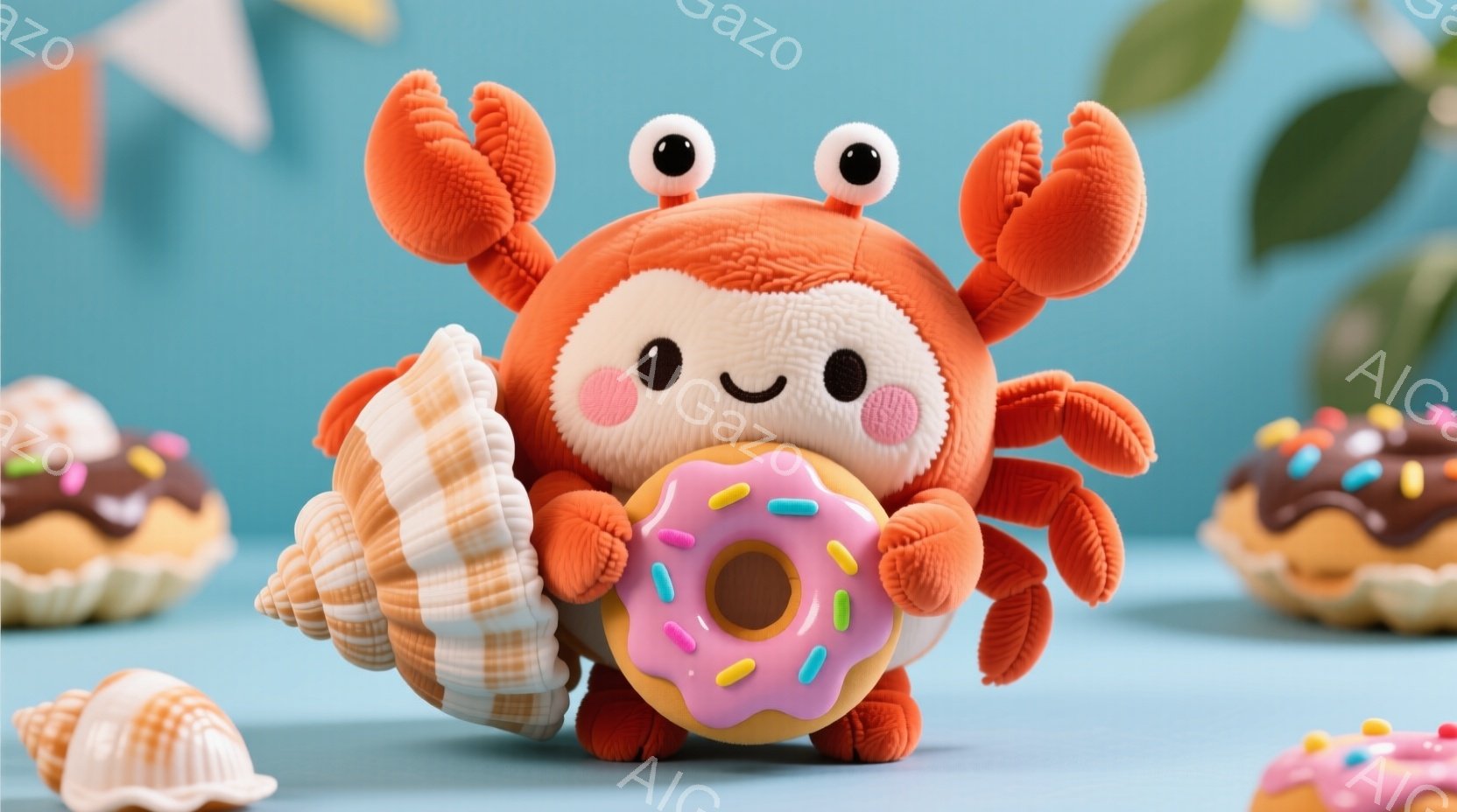 オレンジ色の愛らしいカニが、ピンク色のアイシングがかかったドーナツを抱えています。カニは片手に巻き貝を持ち、嬉しそうな笑顔を浮かべています。背景は水色の壁で、他のドーナツと貝殻が散りばめられており、全 - AI生成フリー素材