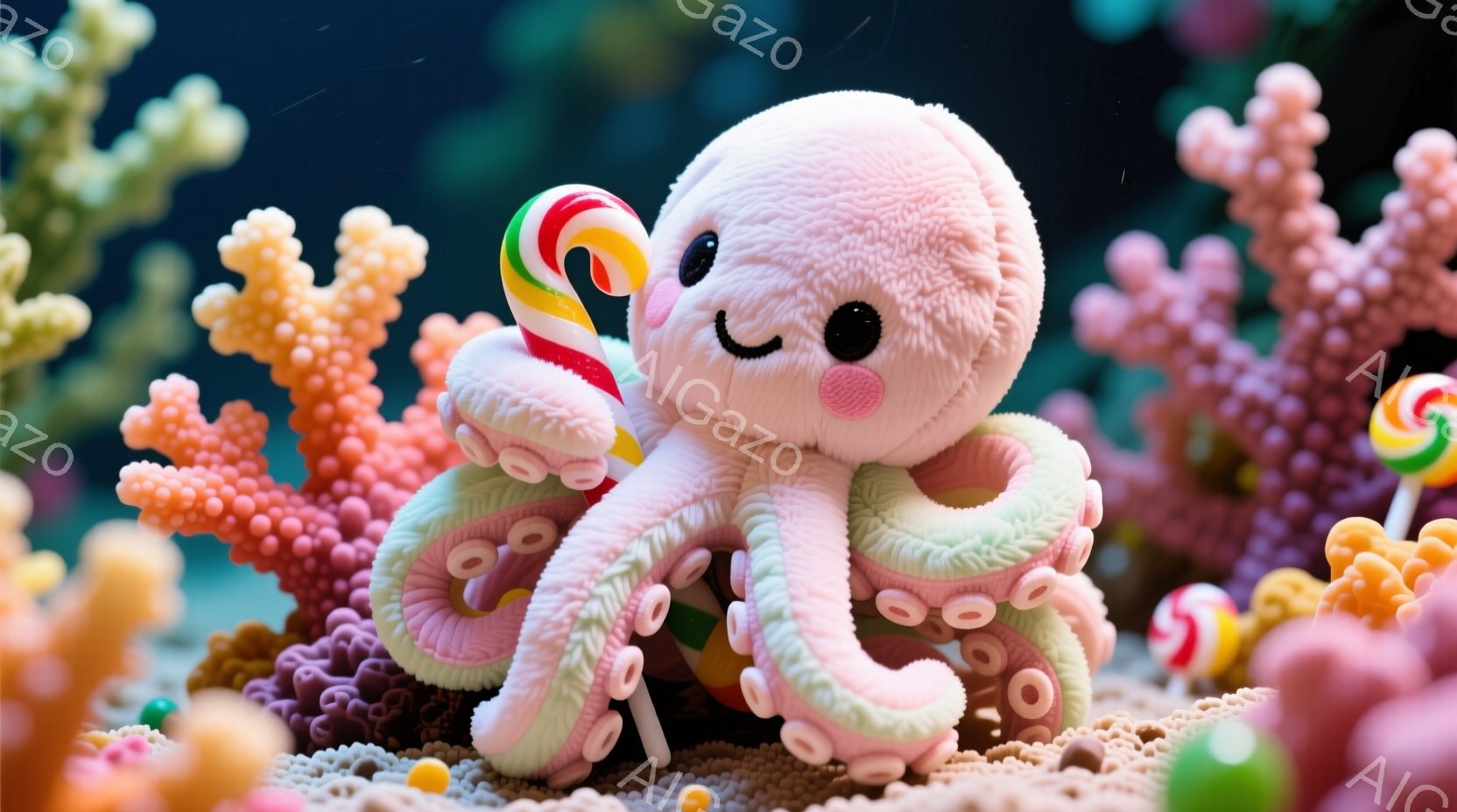 ふわふわしたピンク色のタコが、らせん状に巻かれたキャンディを片方の触手で抱えています。背景には、鮮やかなオレンジとピンク色のサンゴ礁が広がり、まるで海底の世界を再現したようです。全体的に可愛らしく、夢 - AI生成フリー素材
