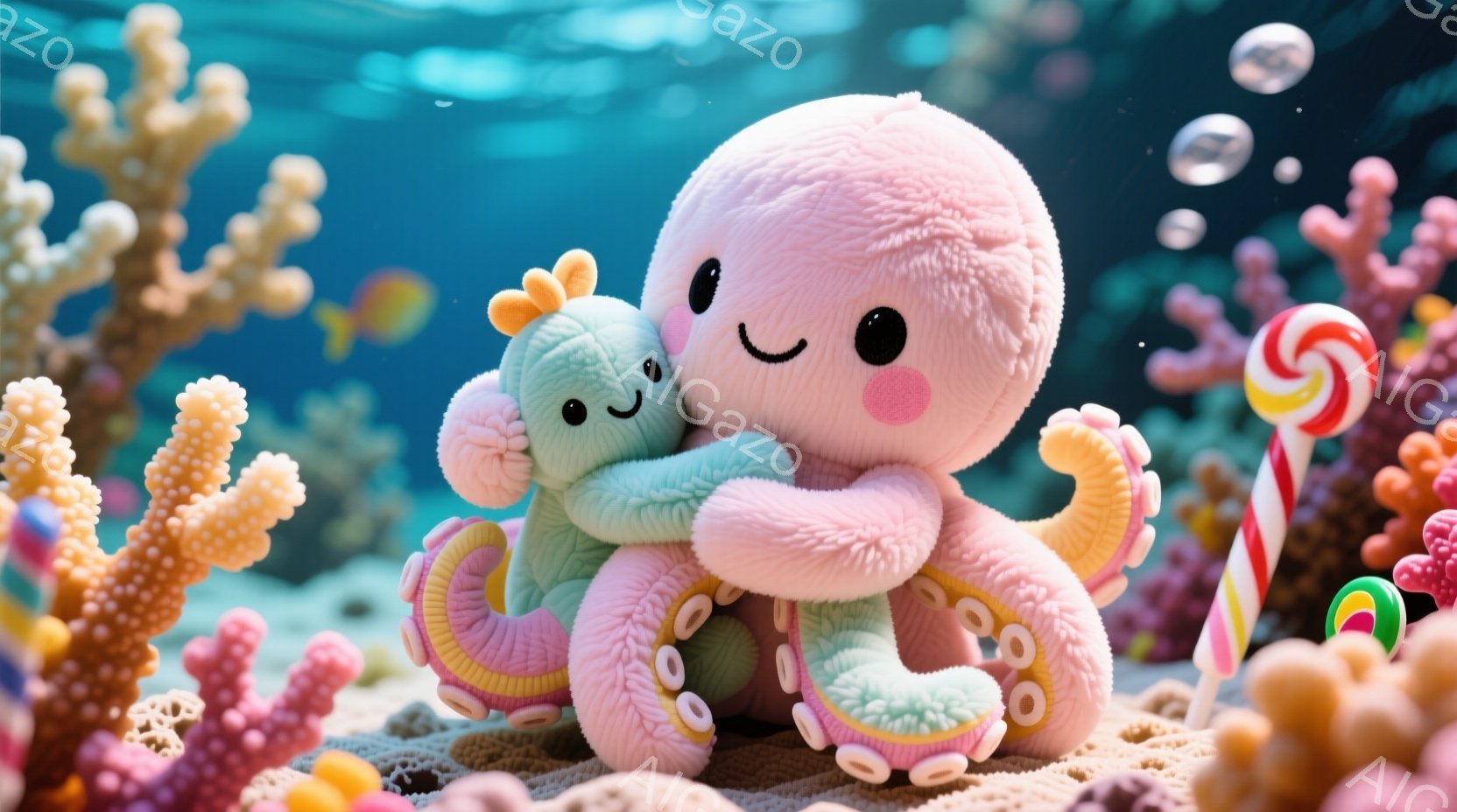 ふわふわのピンクとミントグリーンのタコが寄り添っています。ピンクのタコは少し大きく、ミントグリーンのタコを優しく抱きしめています。背景にはオレンジ色の珊瑚とカラフルなキャンディが散りばめられ、穏やかで可愛らしい雰囲気を醸し出しています。