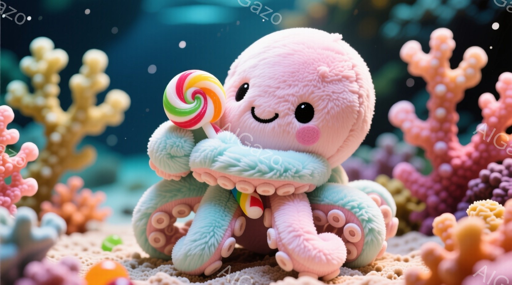 淡いピンク色のタコが、まるでぬいぐるみのように愛らしい姿で描かれています。タコは片手に虹色のキャンディを持っており、丸い瞳とほのかな笑顔が可愛らしさを引き立てています。背景にはサンゴ礁が広がり、穏やか - AI生成フリー素材