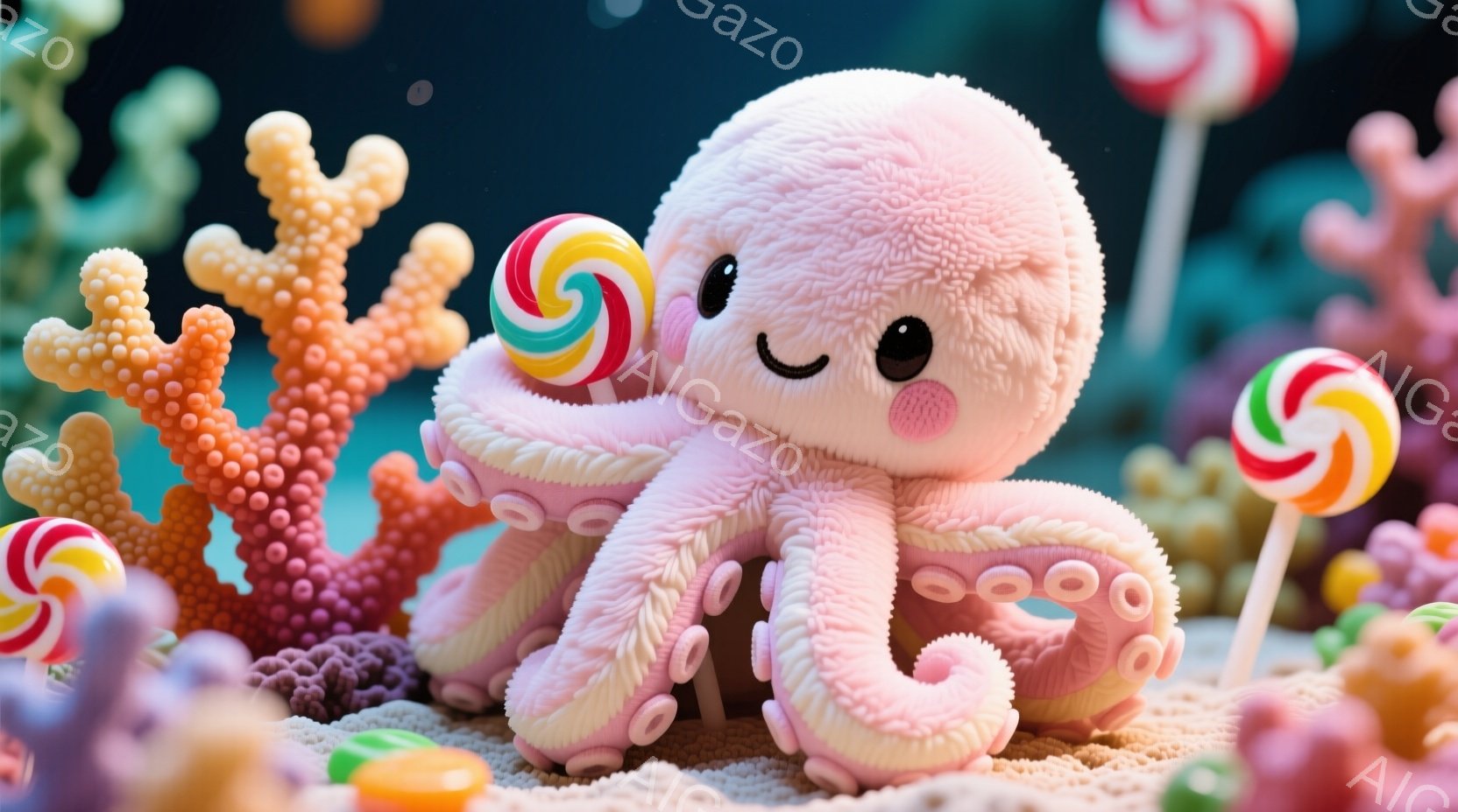 淡いピンク色のタコが、まるで綿菓子のようにふわふわとした質感で表現されています。頭にはカラフルな棒付きキャンディが乗っており、丸い目にほのかな笑顔が浮かんでいます。背景にはオレンジ色のサンゴ礁や様々な色のキャンディが散りばめられ、夢のような海底世界を思わせる、可愛らしく幻想的な雰囲気です。