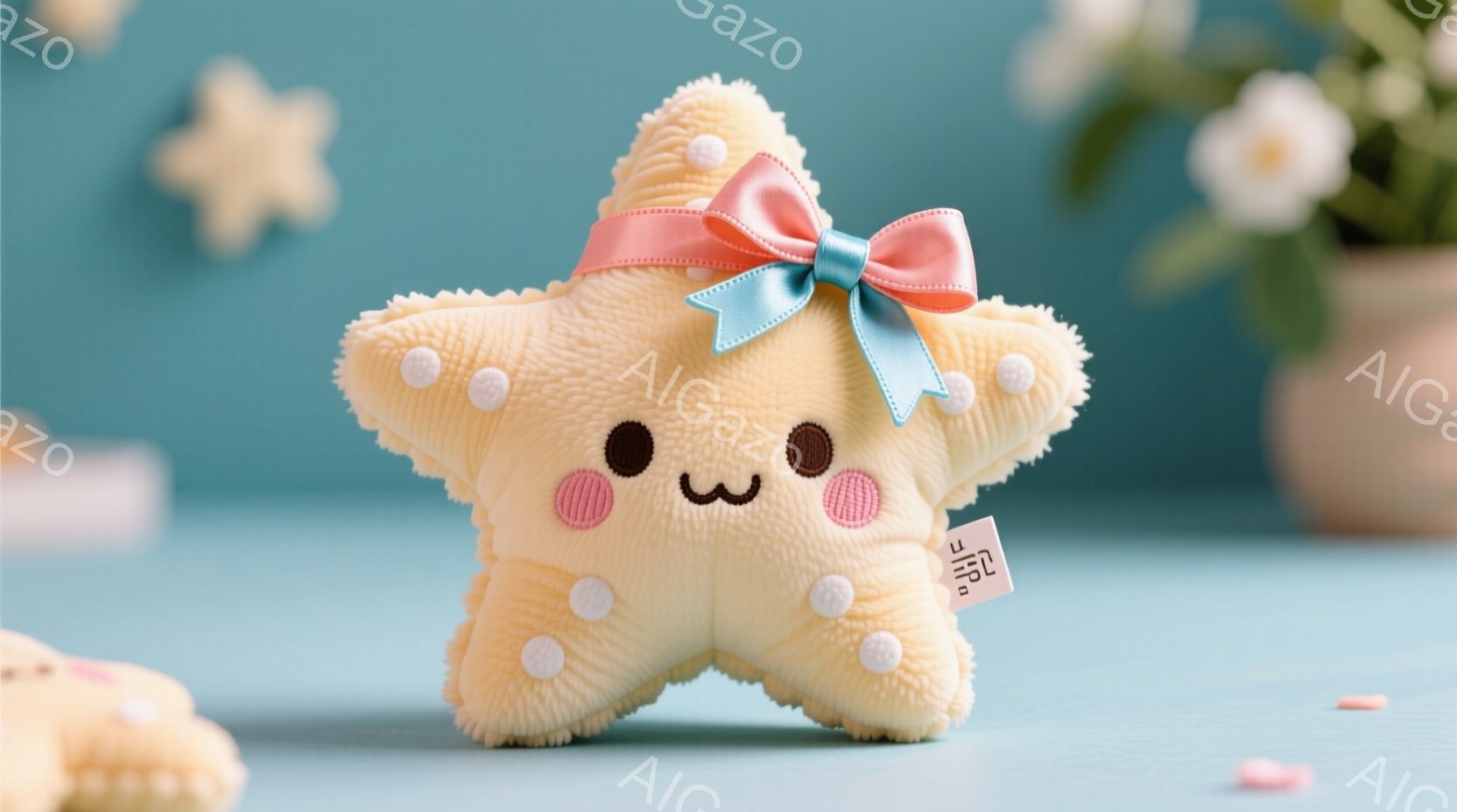淡い黄色のぬいぐるみのかわいいヒトデが写っています。ヒトデはつぶらな瞳と小さな口で愛らしい表情をしており、首元にはピンクと水色のリボンが結ばれています。背景はパステルブルーで、他のヒトデのぬいぐるみや - AI生成フリー素材