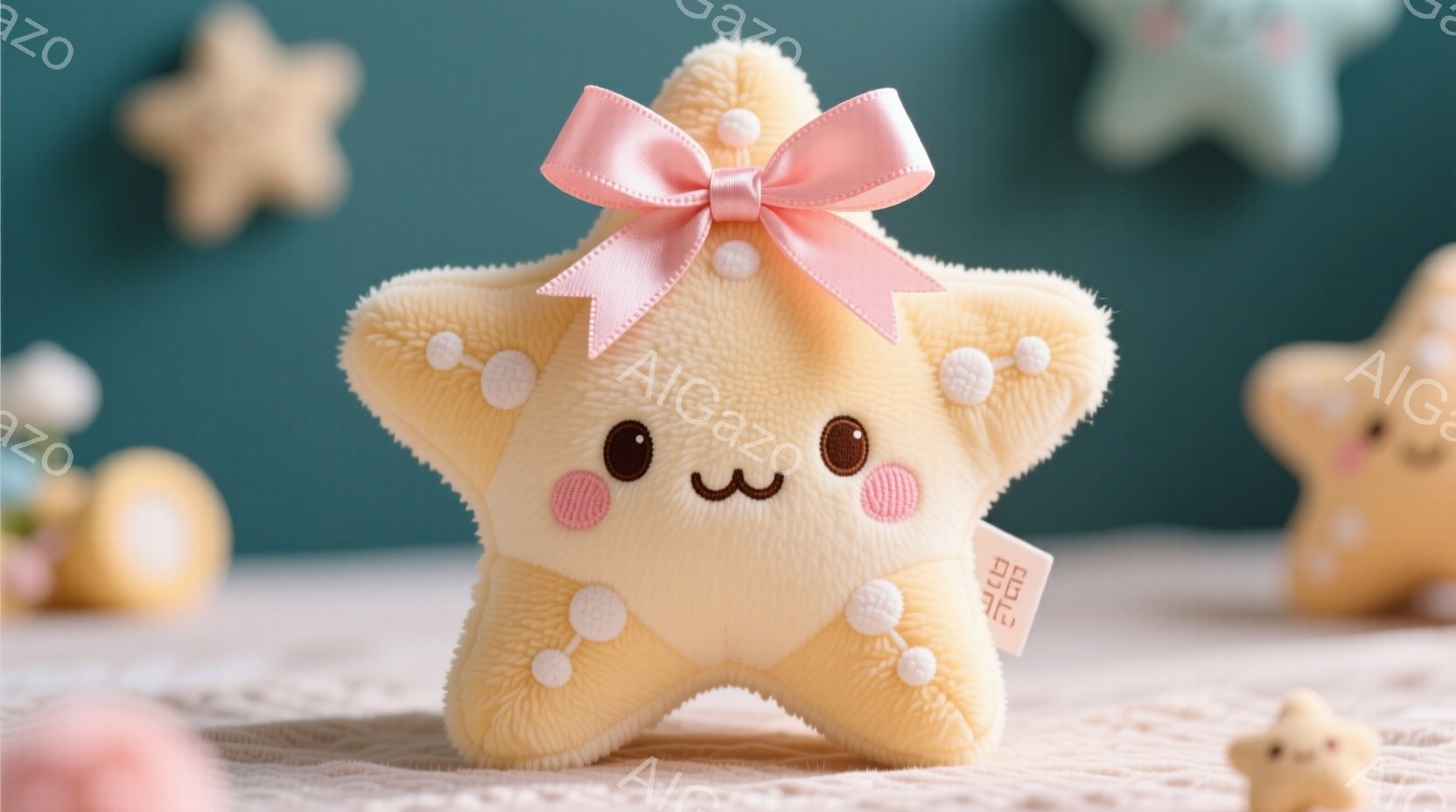 淡いクリーム色の星のぬいぐるみが中央に配置されており、大きなつぶらな瞳と小さな口が愛らしい表情をしています。頭には薄いピンク色のリボンが結ばれており、全体的に柔らかく優しい雰囲気を醸し出しています。背景には他の色の星のぬいぐるみやぼんやりとしたピンク色のオブジェクトがあり、夢のような空間を演出しています。