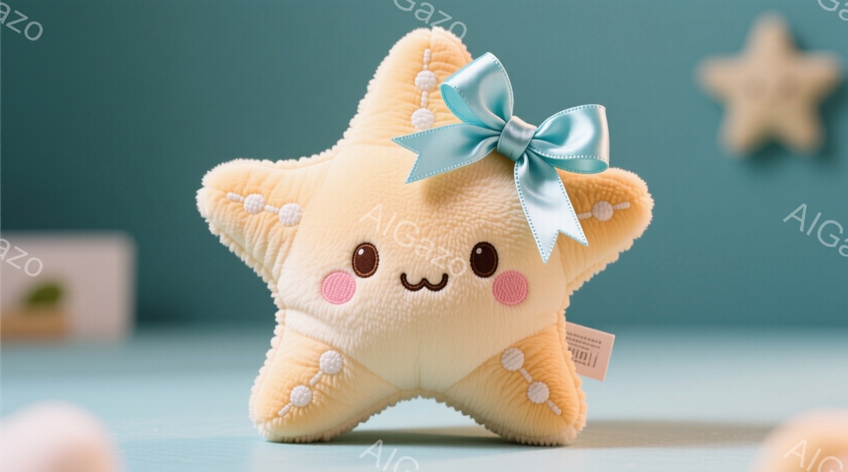 淡いオレンジ色の星形のぬいぐるみで、大きな黒い瞳と微笑みを浮かべています。胸元には水色のリボンが結ばれており、全体的に柔らかく優しい印象を与えます。背景は淡い水色で、他の小さなぬいぐるみとぼやけた写真 - AI生成フリー素材
