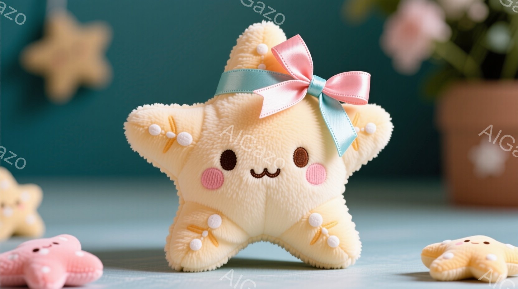 淡い黄色いふわふわしたぬいぐるみは、かわいらしい笑顔とピンクのチークで愛らしい表情をしています。頭には水色のリボンと、体には小さな黄色い花が飾られています。背景は明るい水色で、他の同じようなぬいぐるみ - AI生成フリー素材