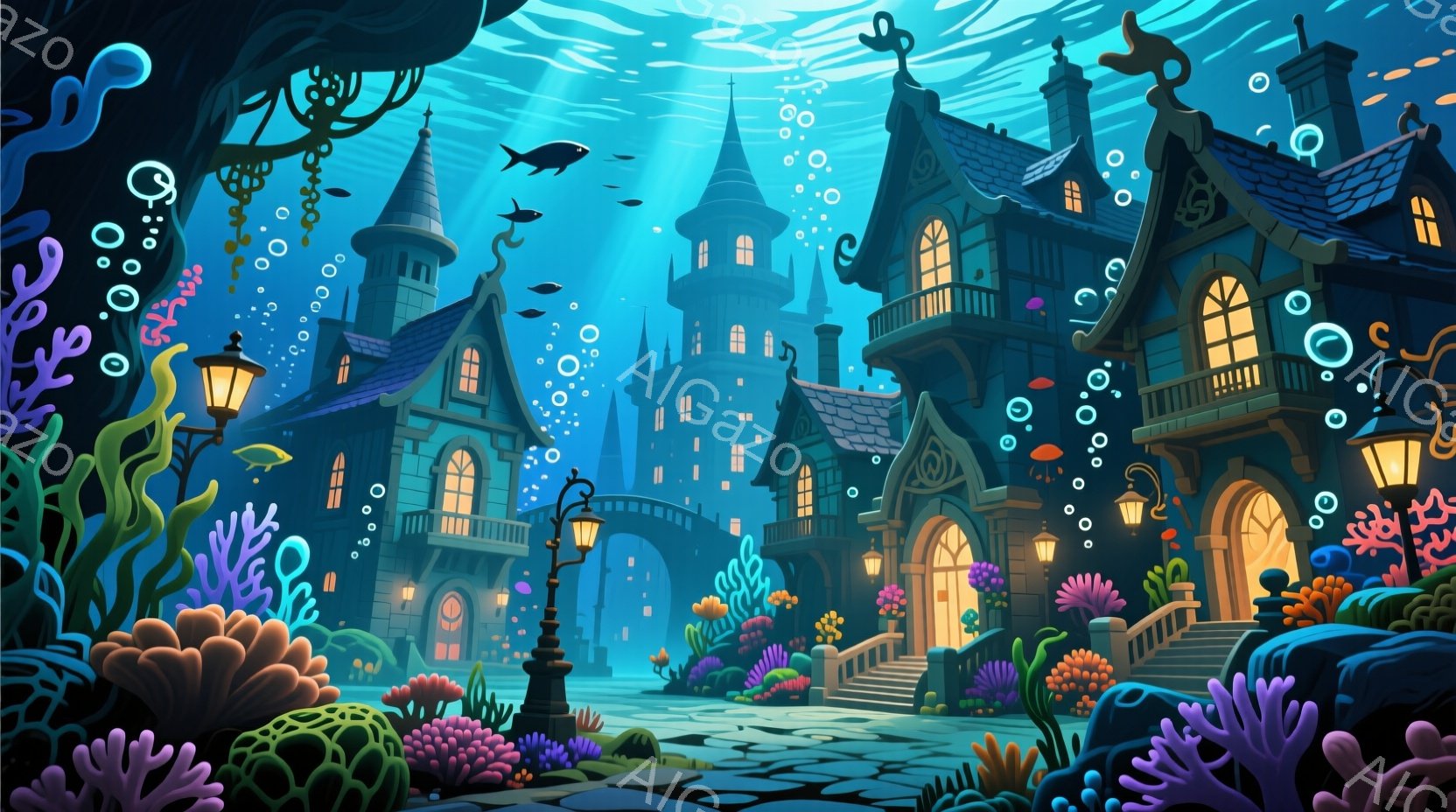美しい海底都市が描かれており、珊瑚や海藻が生い茂る中、ユニークな形の建物が立ち並んでいます。建物はファンタジー風で、オレンジ色の明かりが灯っており、水中に漂う泡や魚が幻想的な雰囲気を醸し出しています。全体的に、温かく、夢のような、穏やかな雰囲気を感じさせます。