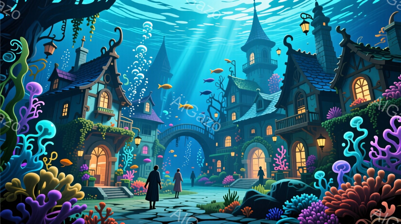 海底都市の風景が描かれている。カラフルな珊瑚礁や魚が茂り、独特な形の建物が並んでいる。人々はコートを着て、ゆっくりと歩いている様子で、やや物憂げな表情をしている。
