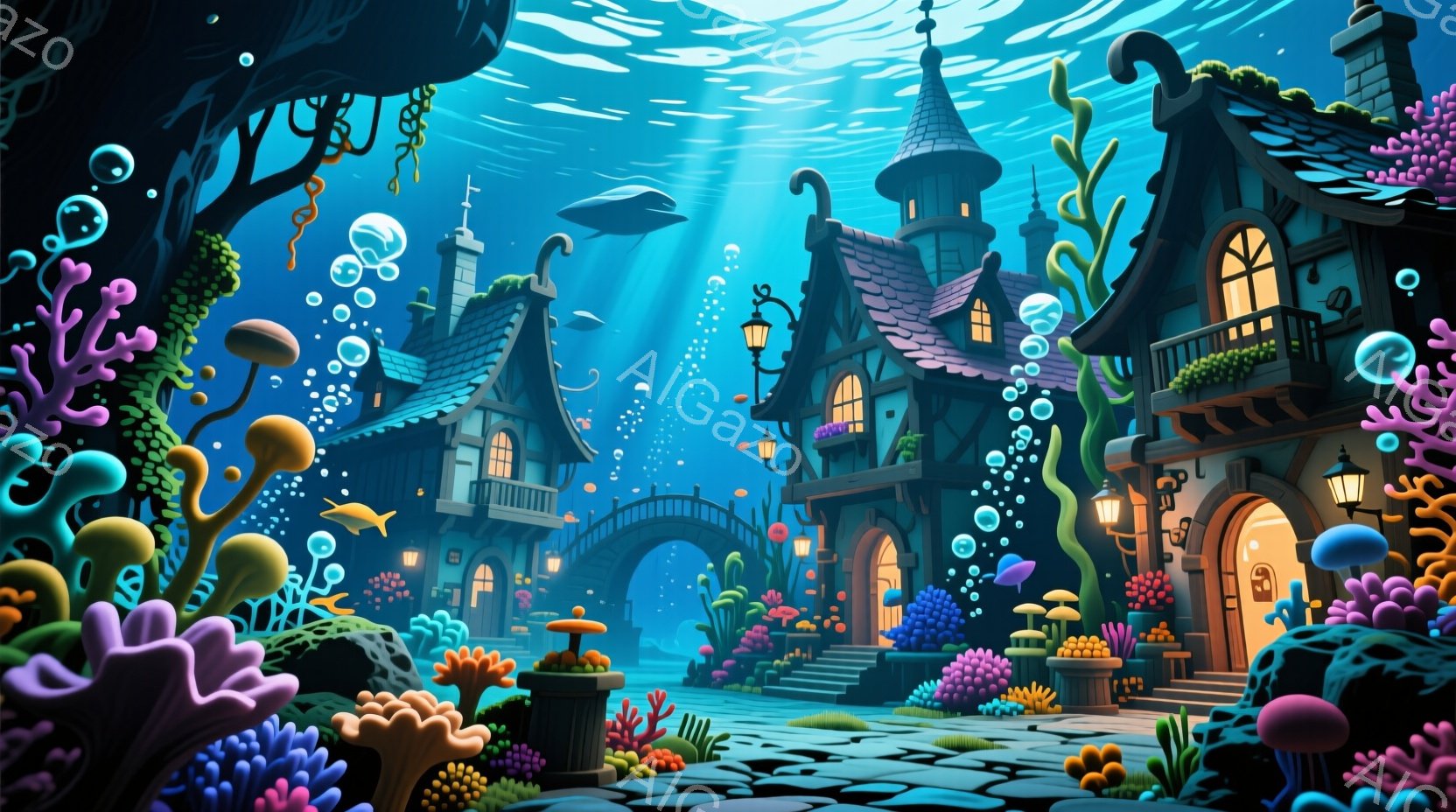 海底都市が描かれており、独特な形の建物が密集して並んでいる。建物は暗い色調で、貝殻や海藻で装飾されており、窓からは暖かい光が漏れている。背景にはサンゴ礁や海藻が茂り、水面からは光が差し込み、幻想的な雰囲気を醸し出している。