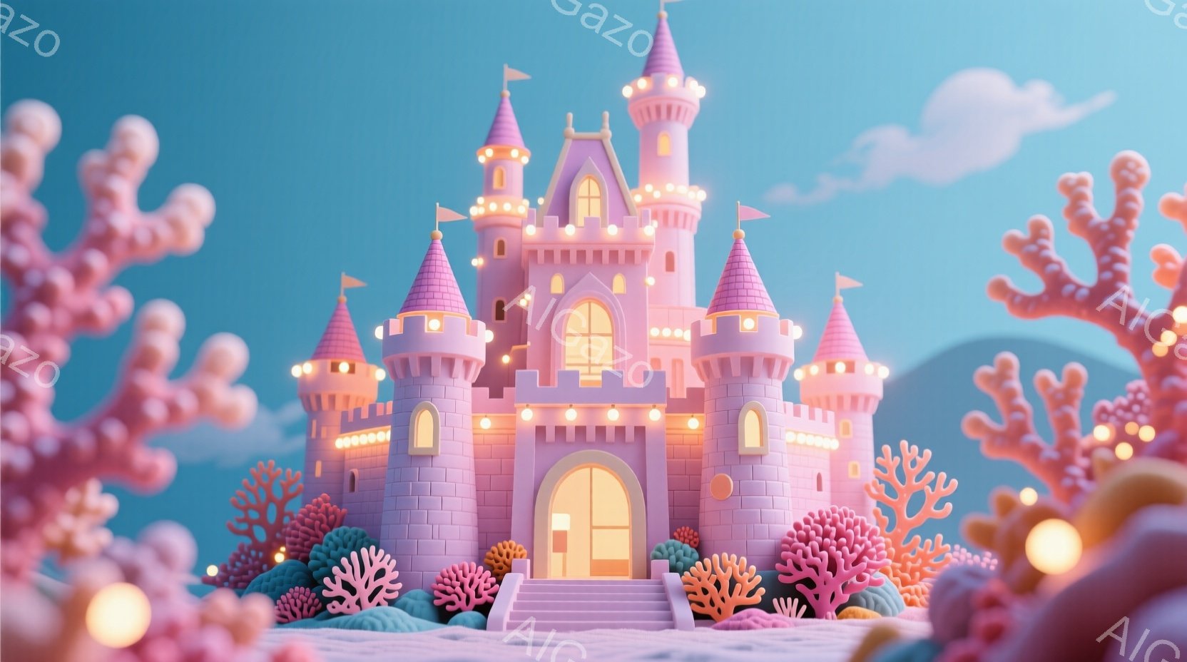 鮮やかなピンク色の可愛らしいお城が、雪のような白い地面の上に建っています。背景には、淡い水色の空と、遠くに見える緑色の山々が広がっており、全体的に夢のような、おとぎ話のような雰囲気です。お城の周りには - AI生成フリー素材