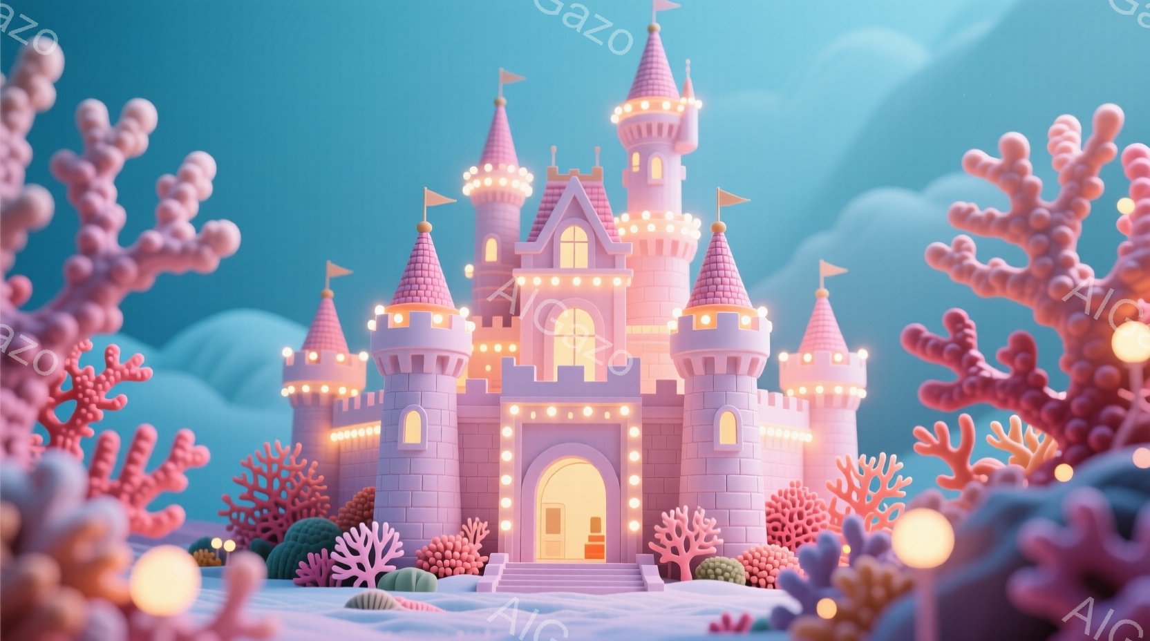 鮮やかなピンク色の可愛らしいお城が雪景色の中に建っています。お城には階段があり、入り口は明るい光で照らされています。背景には、抽象的な珊瑚のような植物と、柔らかい青色の山々が広がっており、全体的に夢の - AI生成フリー素材