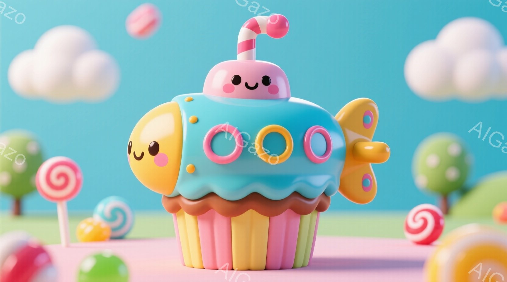 ターコイズブルーのカップケーキが、まるで生き物のように可愛らしい表情で描かれています。ピンク色のクリームと虹色の絞りが飾られ、頭にはキャンディのようなトッピングがついています。背景にはパステルカラーの - AI生成フリー素材