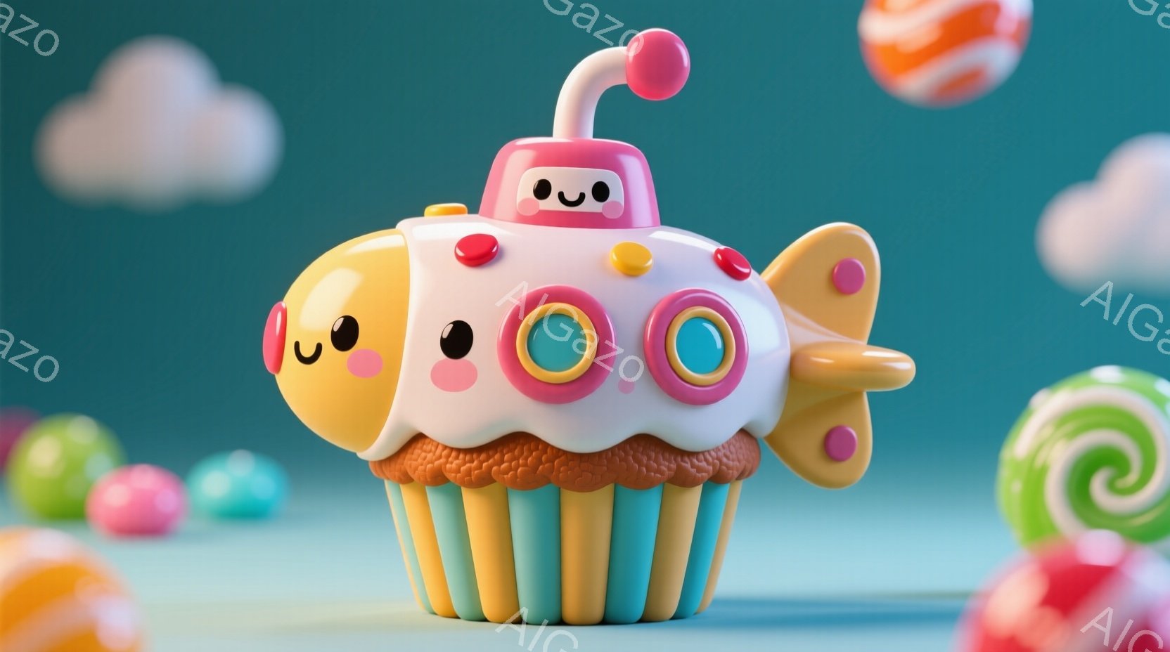 鮮やかなターコイズブルーの背景に、カップケーキをモチーフにした可愛らしいロボットが描かれています。ロボットはクリーム色のボディに、ピンク色の飾りとオレンジ色のリボン、そしてカラフルなカップケーキのラッ - AI生成フリー素材