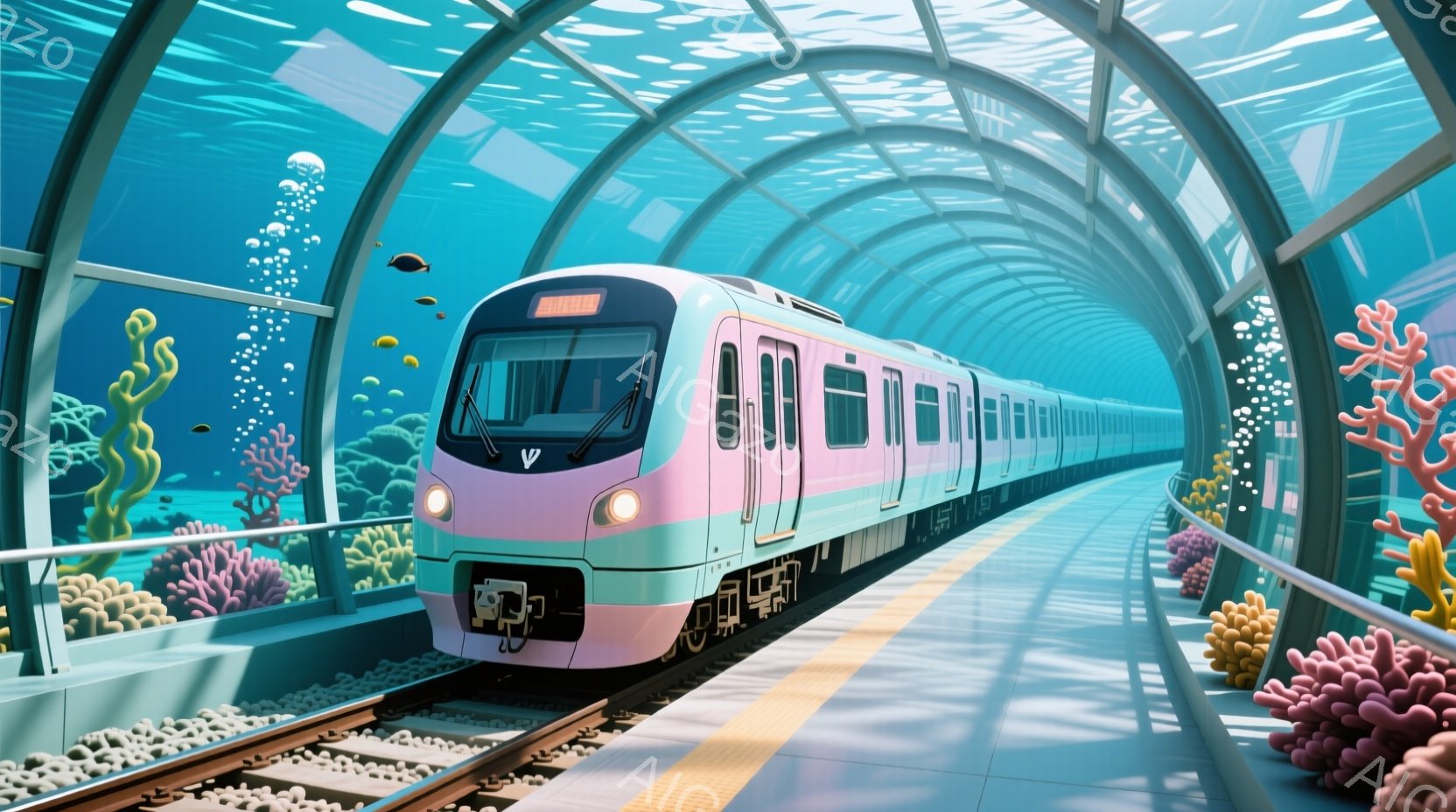 薄い水色のトンネル内に、ピンクとミントグリーンの車体が美しい列車が停車しています。列車の周囲にはカラフルなサンゴ礁が点在し、まるで水中にいるかのような幻想的な雰囲気を醸し出しています。プラットフォームはタイル張りで、トンネルの曲線と相まって、未来的な海底都市の一角を思わせます。
