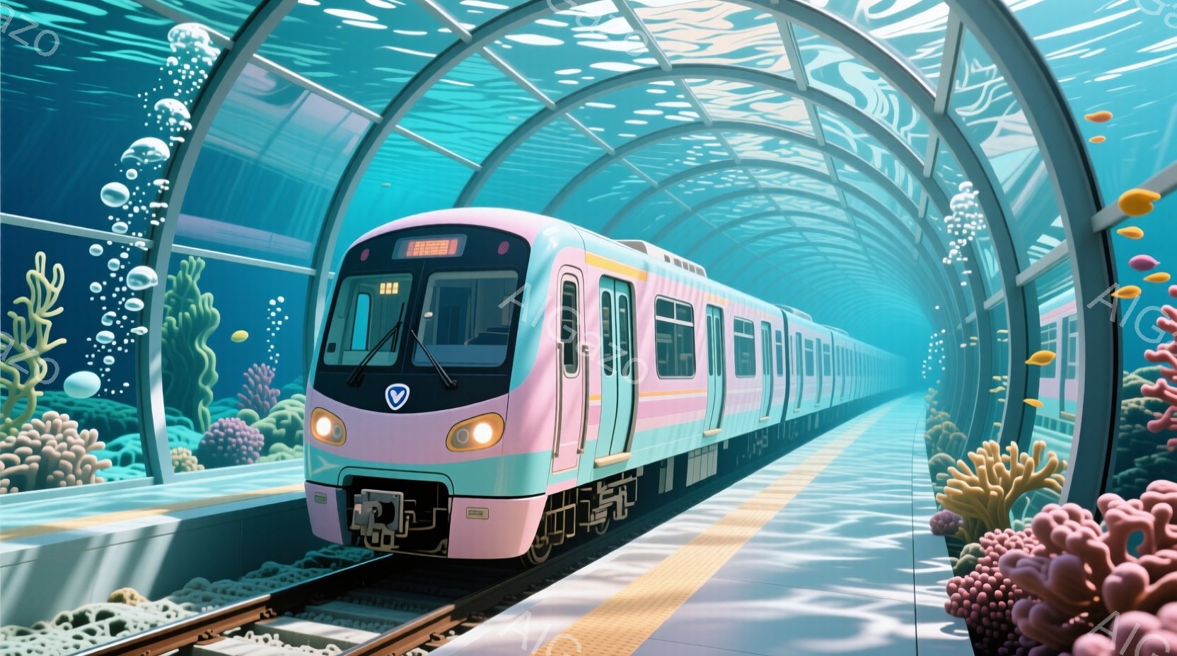 薄いピンク色の電車が、水中に設けられたトンネルの中を走っている様子が描かれている。トンネルの壁面には、サンゴ礁や魚などの水生生物が配置され、水中にいるような幻想的な雰囲気を醸し出している。明るい水色と - AI生成フリー素材