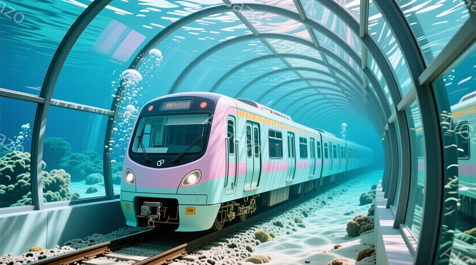 海底トンネルを走る紫と緑がかった列車が描かれています。トンネルの壁は透明で、外にはサンゴ礁と水中の生物が見え、気泡が浮遊しています。この幻想的な光景は、まるで夢の中を走っているような、静かで神秘的な雰囲気を醸し出しています。