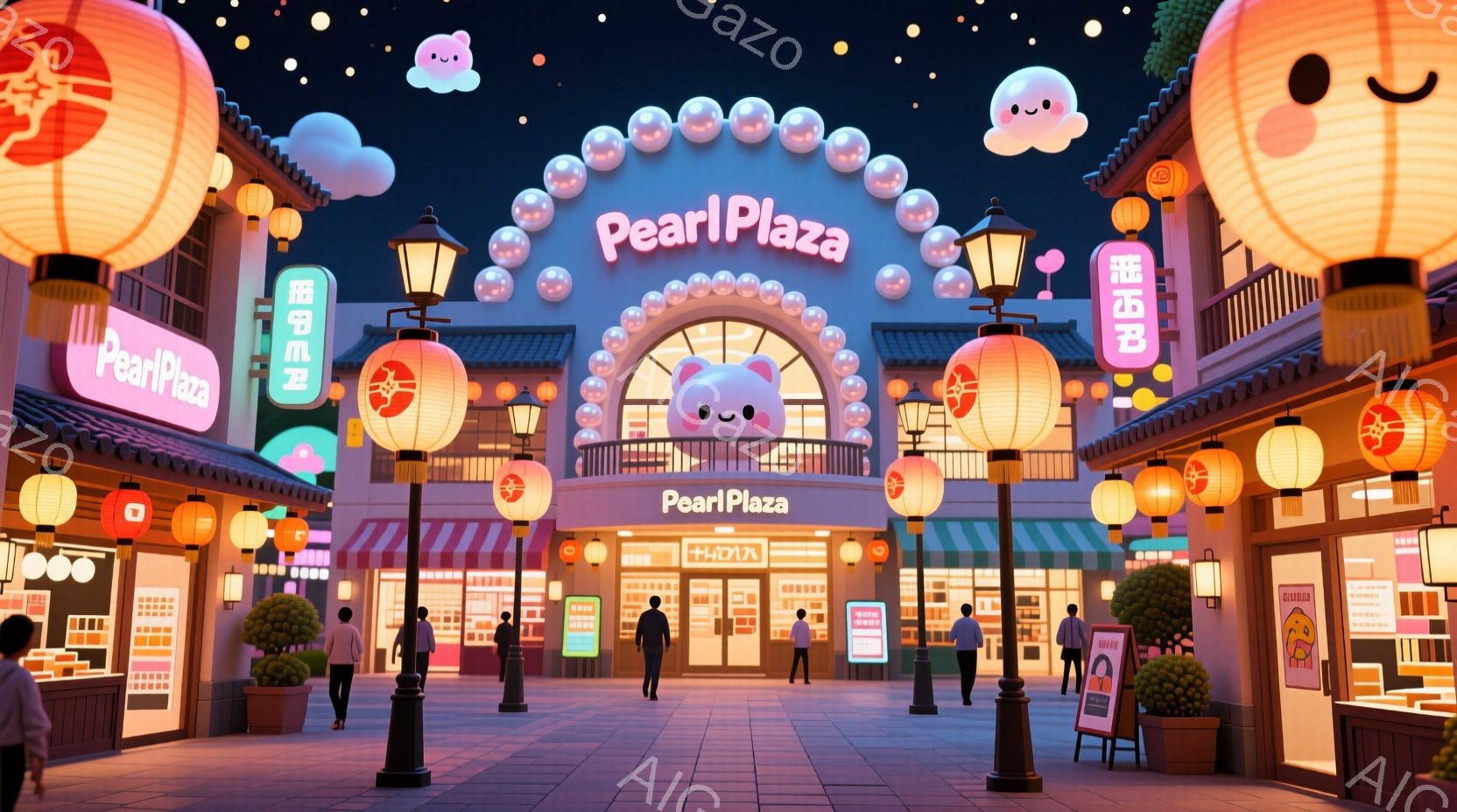 賑やかな夜の商店街を描いています。人々はカジュアルな服装で、リラックスした姿勢で歩き回っています。背景には、提灯が飾られた可愛らしい建物が並び、幻想的で暖かい雰囲気を醸し出しています。 - AI生成フリー素材