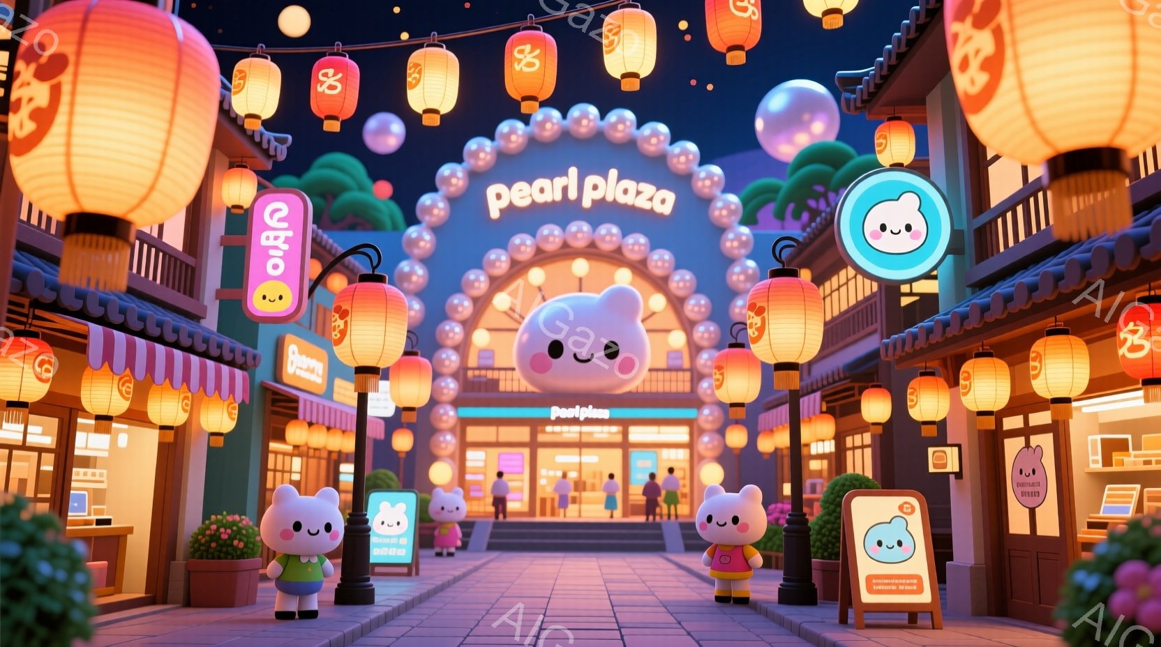 鮮やかな色彩で彩られた賑やかな夜の通りが描かれています。可愛らしいキャラクターたちが、それぞれ異なる表情で立っており、一部は信号待ちをしています。背景には、提灯が灯る商店街と、その奥にぼんやりと見える - AI生成フリー素材