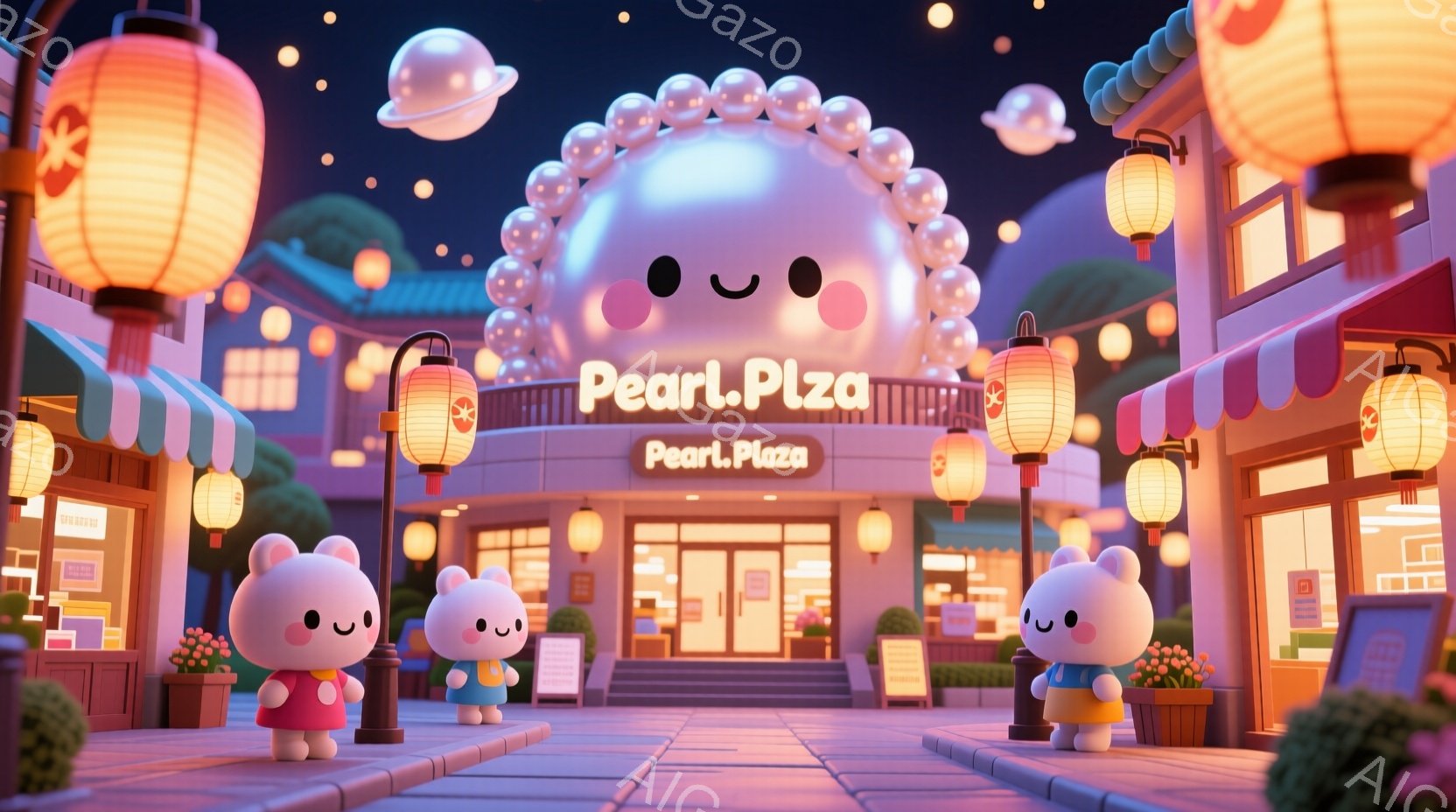 可愛らしいキャラクターたちが並ぶ、夜の賑やかな広場を描いています。キャラクターたちは皆、ピンク色の体をしており、青や緑の服を着ています。背景には、提灯が灯る商店や建物が並び、夜空には星が輝き、全体的に温かく幻想的な雰囲気です。