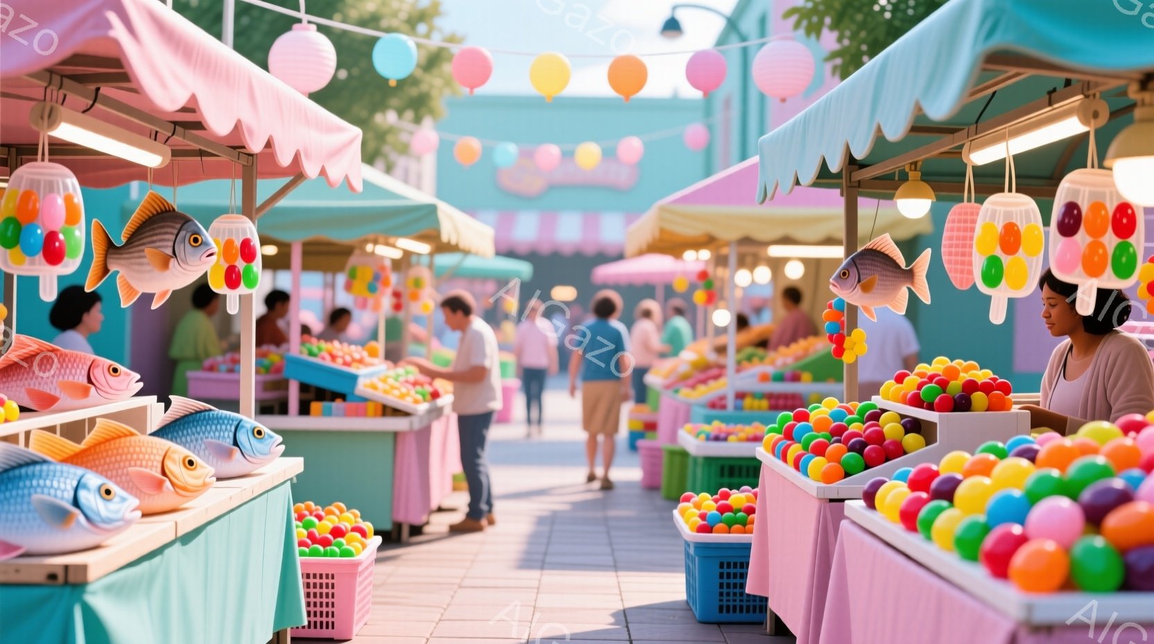 鮮やかな色彩の屋台が並ぶ祭りの風景で、ピンクや水色のストライプ柄の屋根が印象的です。人々はカラフルな金魚すくいの屋台を取り囲み、楽しんでいる様子で、特に一人の女性は屋台の前に立ち、金魚すくいの道具を手 - AI生成フリー素材