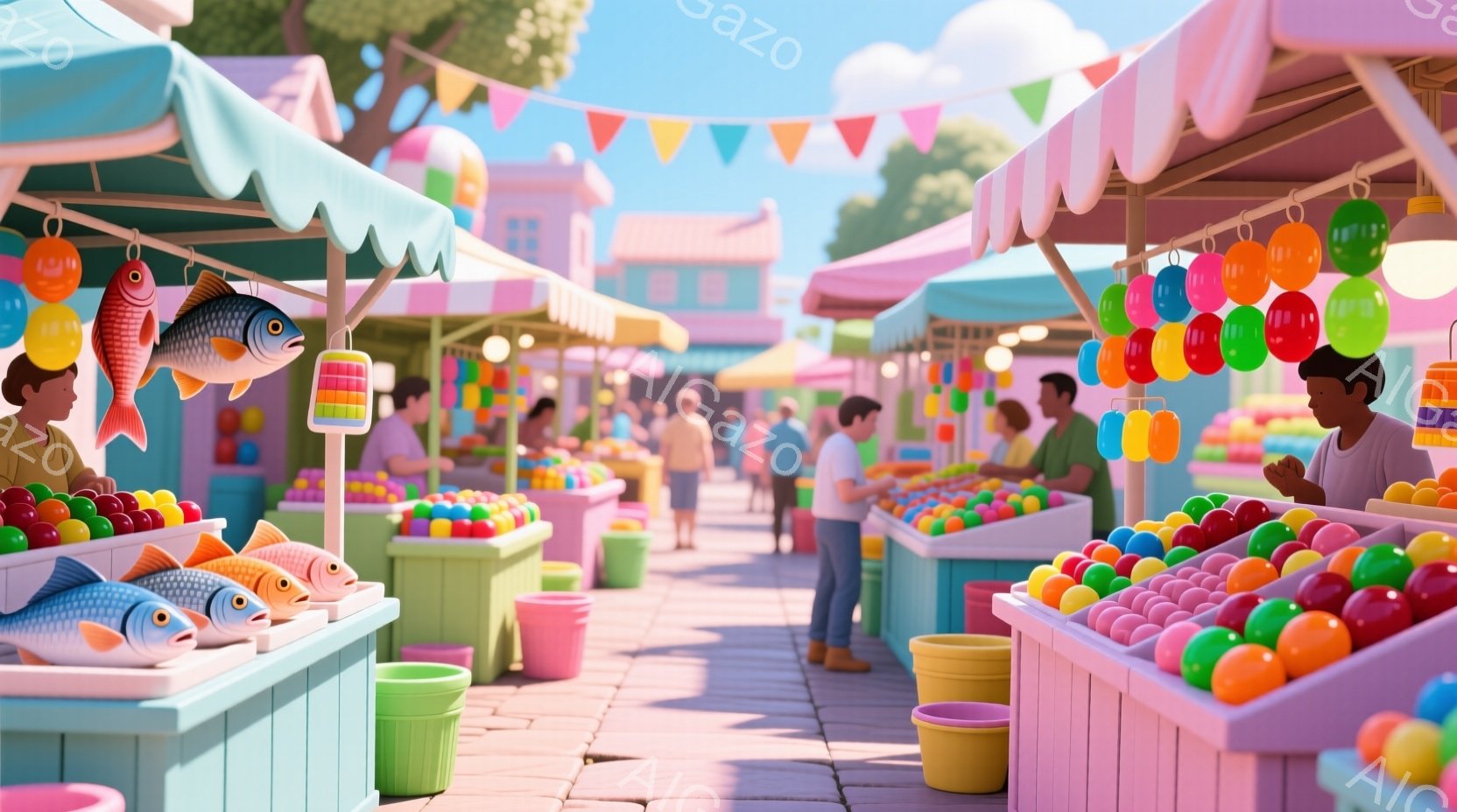 色鮮やかな市場の風景が見られます。人々はカラフルな屋台が並ぶ通りを歩き、魚や色とりどりの丸いお菓子が売られています。背景にはパステルカラーの建物が並び、晴天の下、活気ある賑やかな雰囲気が漂っています。 - AI生成フリー素材