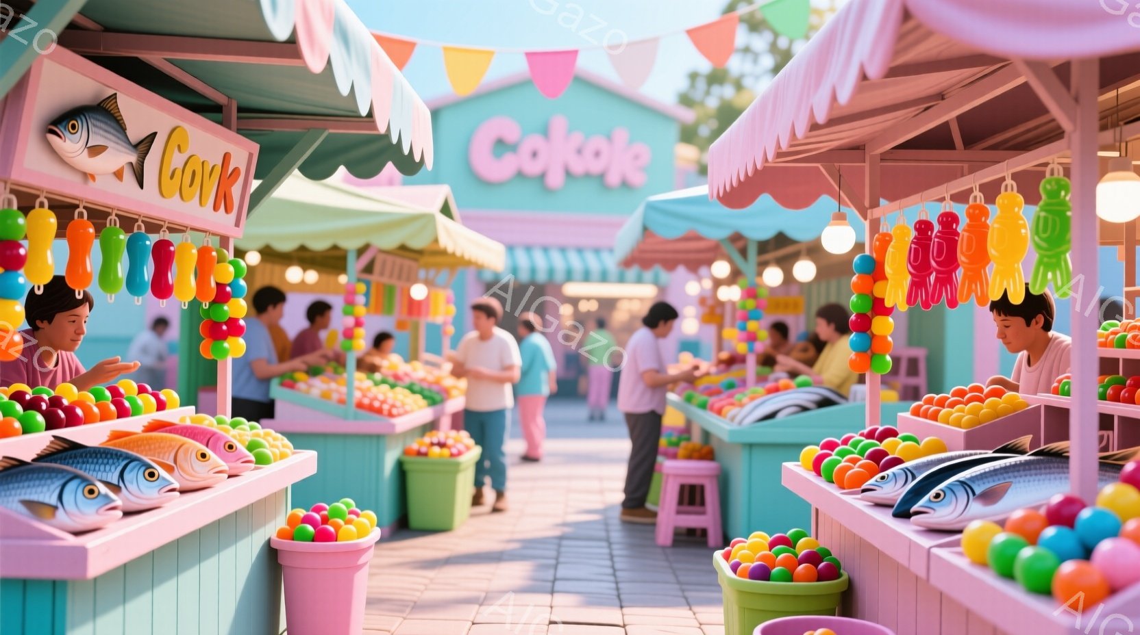 賑やかな市場の様子が描かれており、様々な色のキャンディや魚が並んだ屋台が並んでいます。人々はカジュアルな服装で、市場を散策したり、商品を選んだりしています。背景にはカラフルな建物が立ち並び、明るい日差しが降り注ぎ、活気ある雰囲気を醸し出しています。