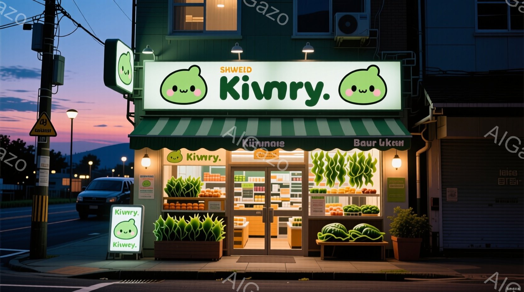 夜の街並みに、緑を基調とした果物店「Kiwey」が明るく光っている。 店先には様々な種類の果物が並び、入り口付近には植物が飾られている。背景には住宅や車が見え、夕焼け空が店の雰囲気を温かく照らしている。