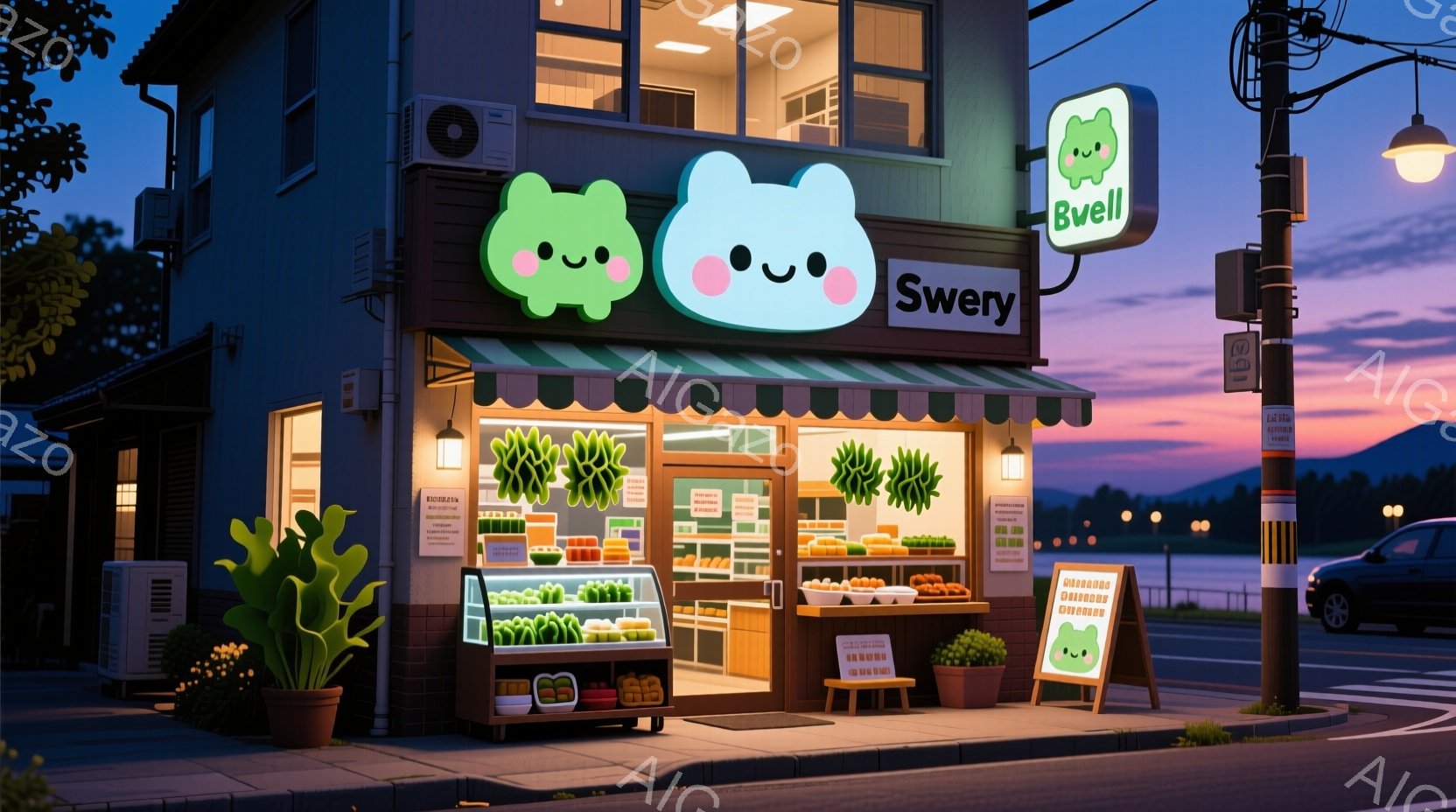 夜の街並みの中に、可愛らしい緑色の看板が目立つケーキ屋さんがあります。店先には様々なケーキや焼き菓子が並び、植物も飾られており、温かい光が店内に差し込んでいます。背景には薄暗い夜空と街の灯りが広がり、静かで落ち着いた雰囲気を醸し出しています。