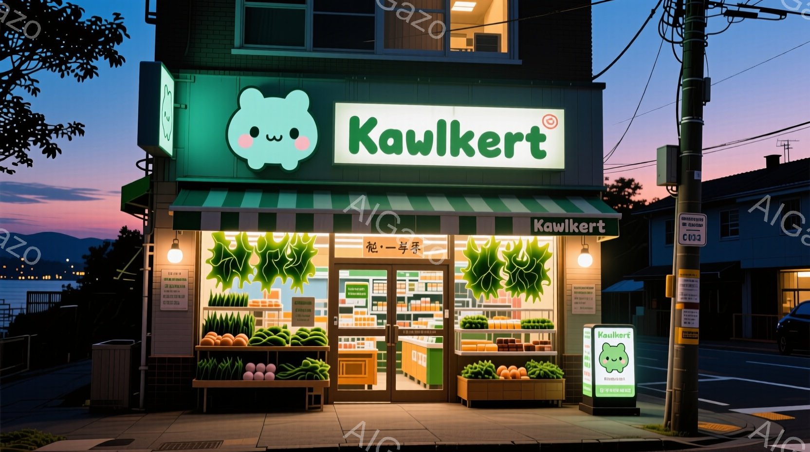 夜明け前の薄明かりの中、可愛らしい緑色の看板「Kawker」と、丸い目のキャラクターが描かれた八百屋が描かれている。店先にはカラフルな野菜や果物が並べられ、店内に暖かな光が灯っている。背景には住宅街と山々が見え、穏やかで静謐な雰囲気が漂う。