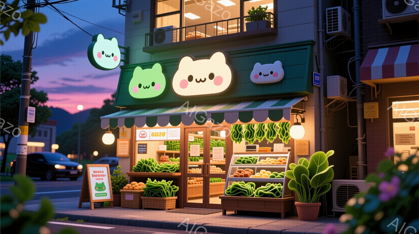 かわいらしい野菜店を捉えています。緑の庇と、大きな緑色のカエルのイラストが特徴で、入り口には新鮮な野菜が並んでいます。背景には薄暗い街並みと、木々が見え、暖かく親しみやすい雰囲気を醸し出しています。