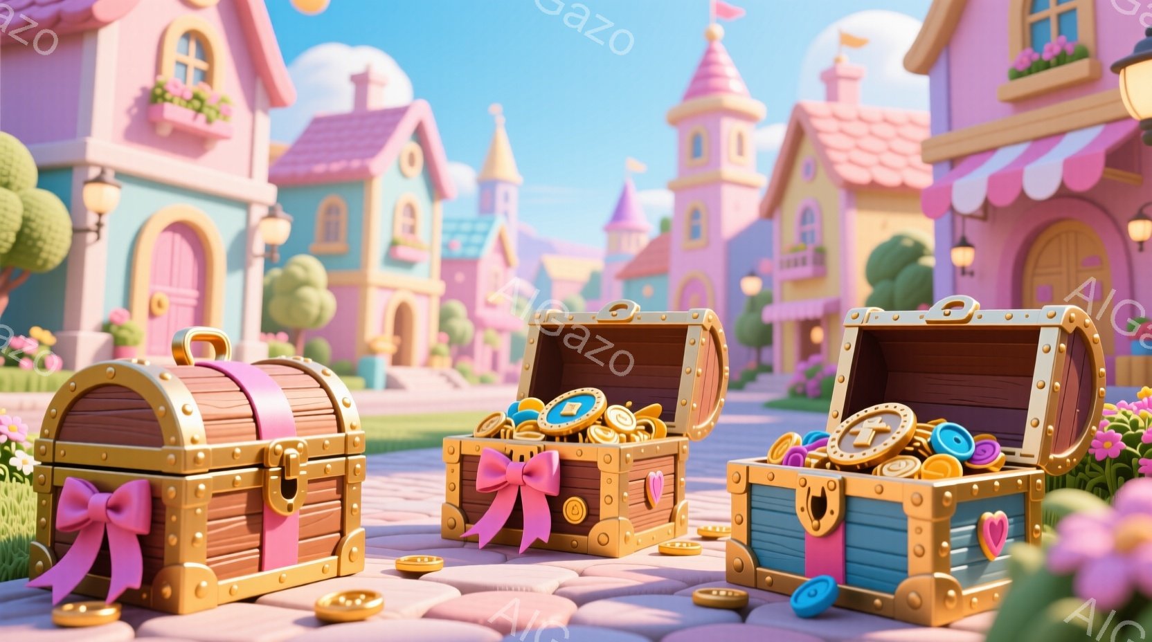 鮮やかなピンクと紫色の建物が並ぶ、ファンタジー風の街並みが背景に広がっています。手前には、ピンクのリボンで飾られた宝箱が３つ置かれており、それぞれ金貨や宝石で満たされています。全体的に明るく、おとぎ話 - AI生成フリー素材