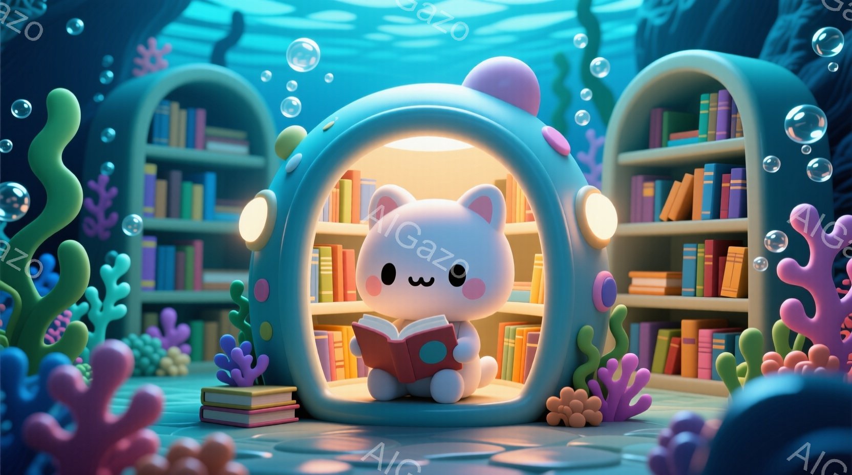 デジタルアート風の描写で、主要な人物がハイキャットと名乗り、犬のような身長に大きな眼鏡をかけている。彼らは、深海の世界に浮上した、おもちゃ箱の中に座っています。周囲には本が詰まったシェルが見え、深海生物が泳ぎ回っています。全体として、奇妙で夢のような雰囲気が漂っています。