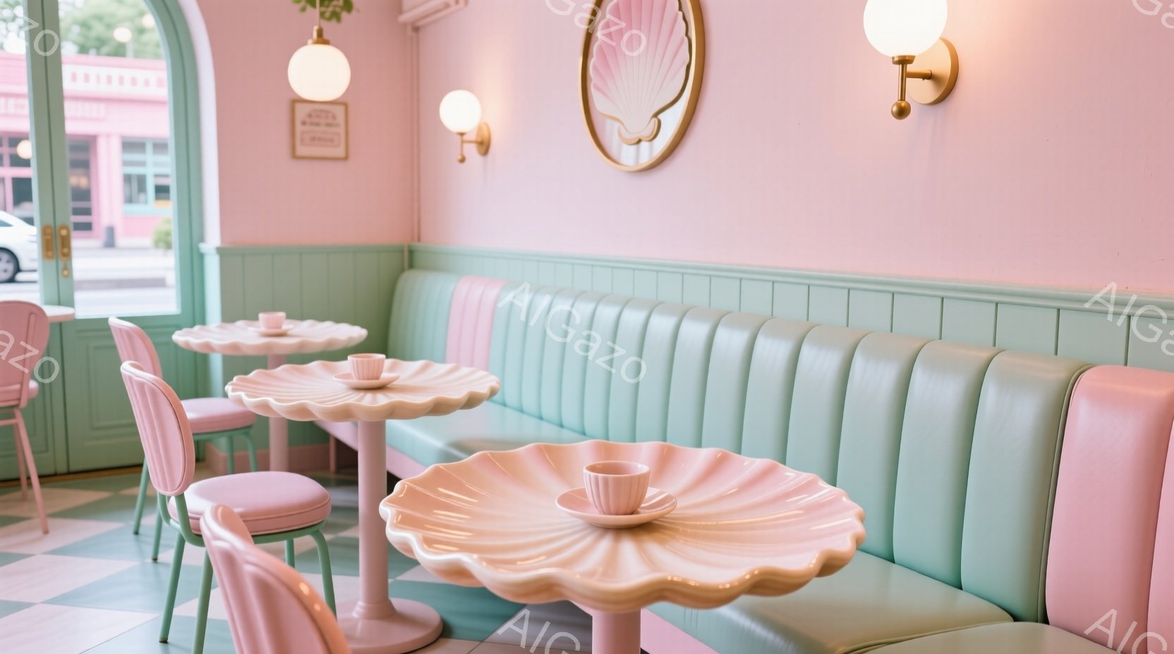 明るいピンクとミントグリーンの内装が印象的なカフェの様子です。貝殻のようなデザインのテーブルと椅子が可愛らしく、壁には金色の装飾が施された鏡が掛かっています。床は白とピンクのチェック柄で、全体的に柔ら - AI生成フリー素材